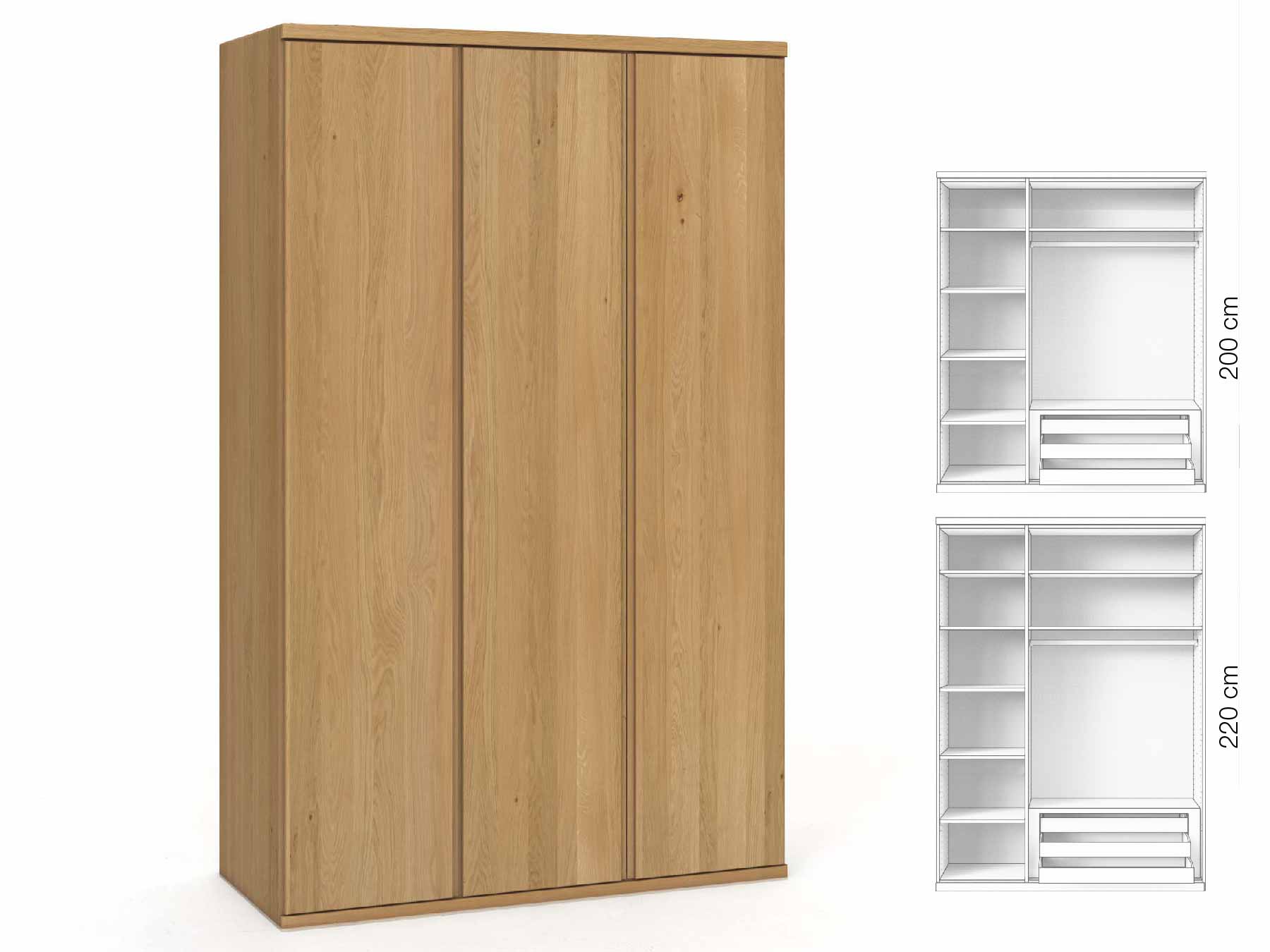 Eichenschrank Hell „Valentin“, 3-türig, Höhe 220 cm, Griffausführung „Patrizia“, Inneneinrichtung: C
