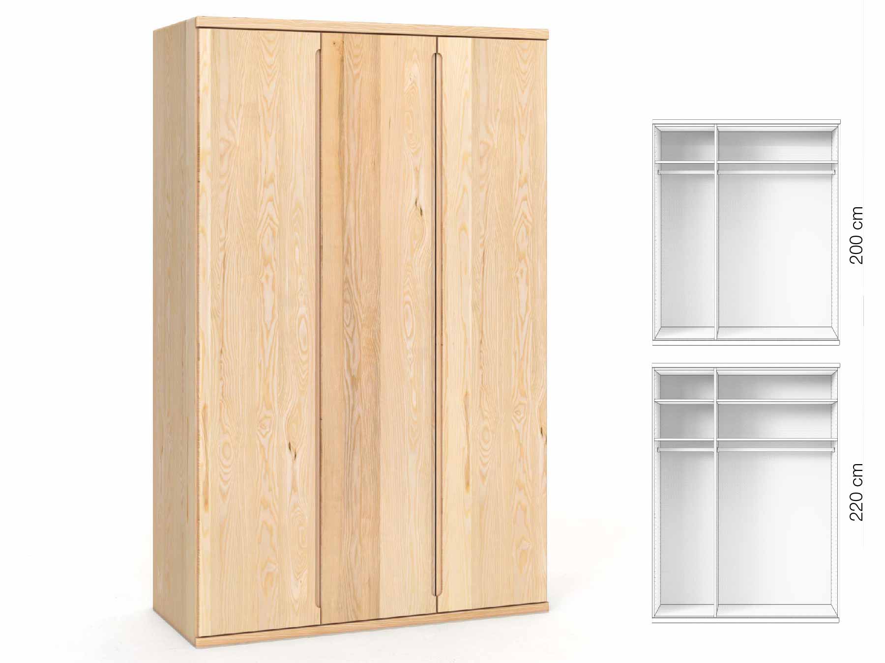 Eschenschrank „Valentin“, 3-türig, Höhe 220 cm, Griffausführung „Lukas“, Inneneinrichtung: A