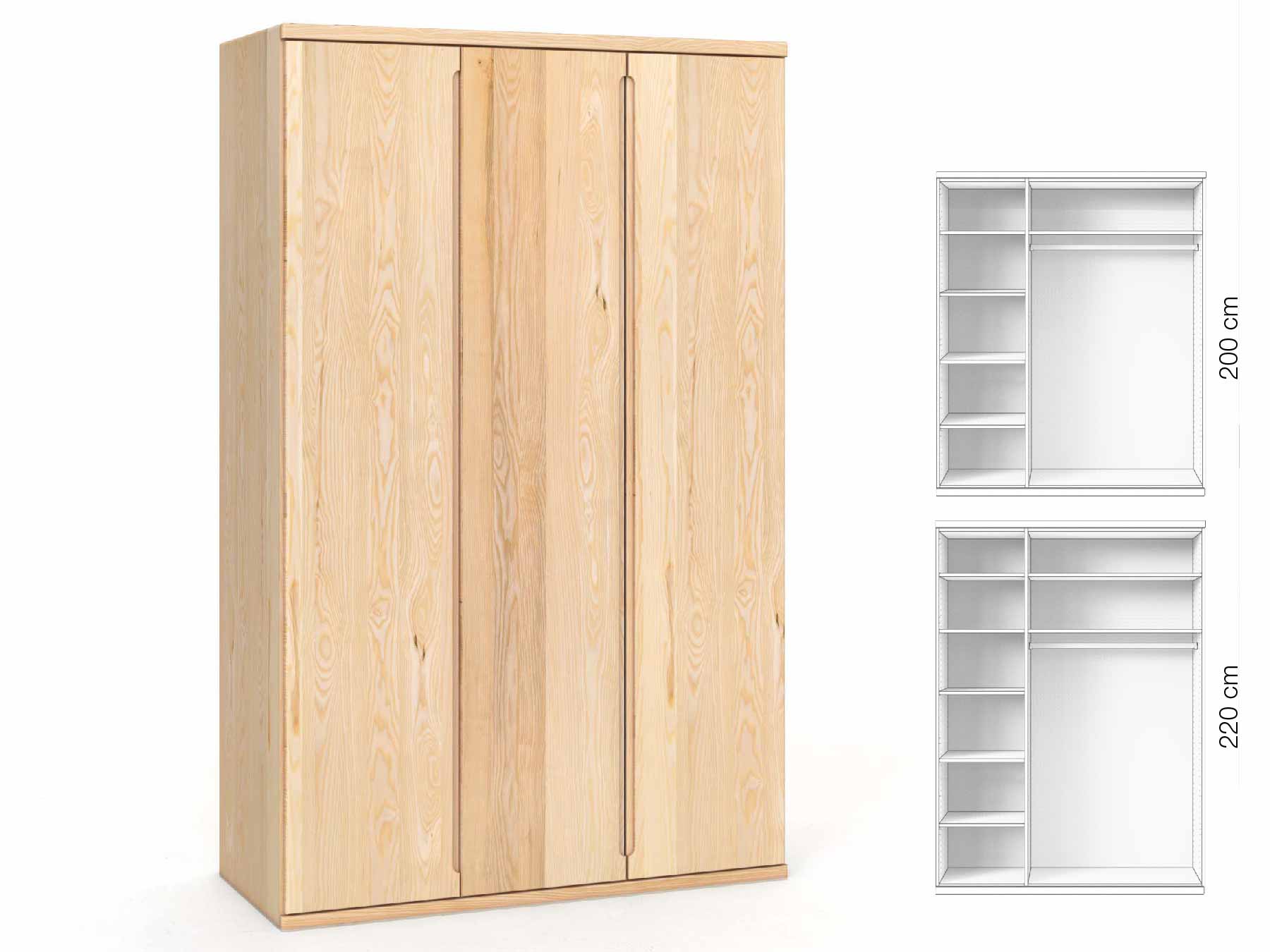 Eschenschrank „Valentin“, 3-türig, Höhe 220 cm, Griffausführung „Lukas“, Inneneinrichtung: B