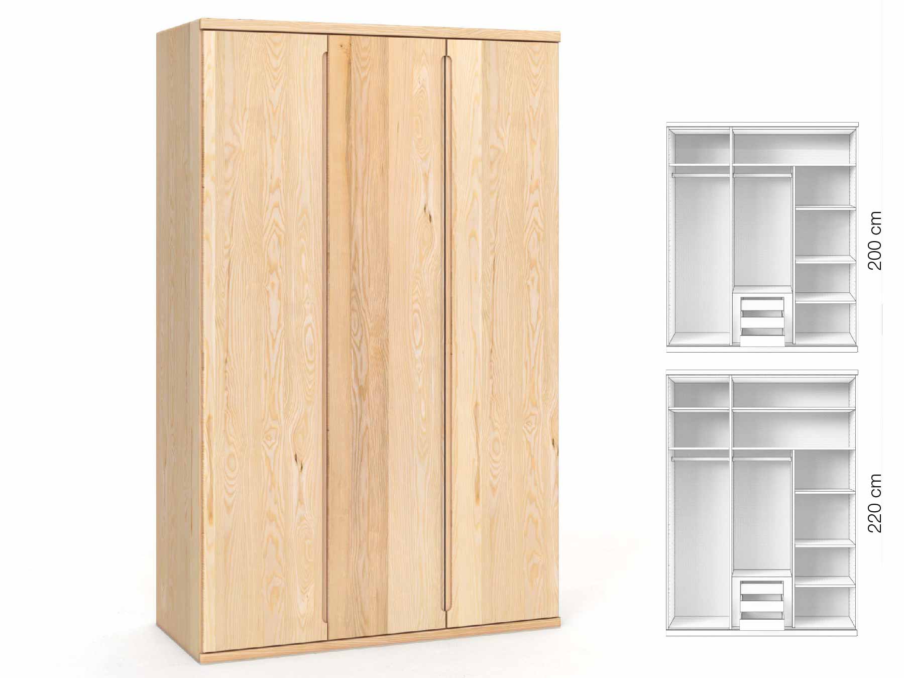 Eschenschrank „Valentin“, 3-türig, Höhe 220 cm, Griffausführung „Lukas“, Inneneinrichtung: D