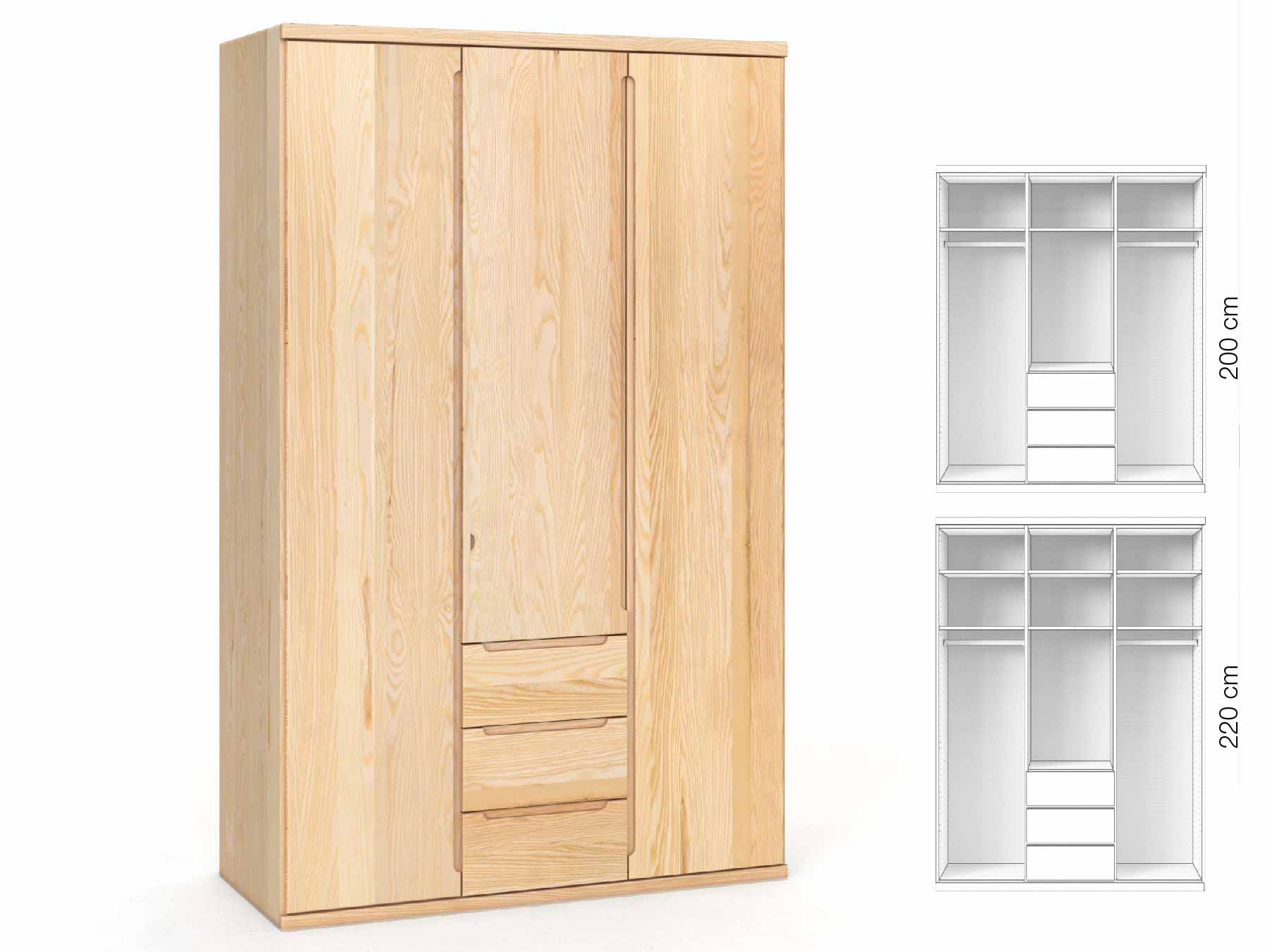 Eschenschrank „Valentin“, 3-türig, Höhe 220 cm, Griffausführung „Lukas“, Inneneinrichtung: E