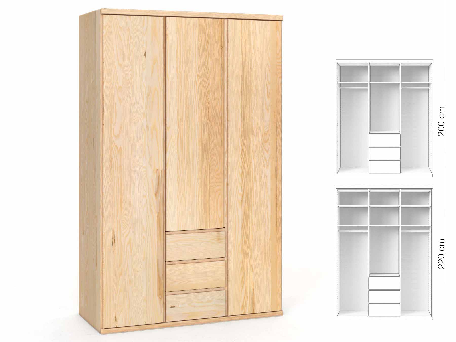 Eschenschrank „Valentin“, 3-türig, Höhe 220 cm, Griffausführung „Patrizia“, Inneneinrichtung: E