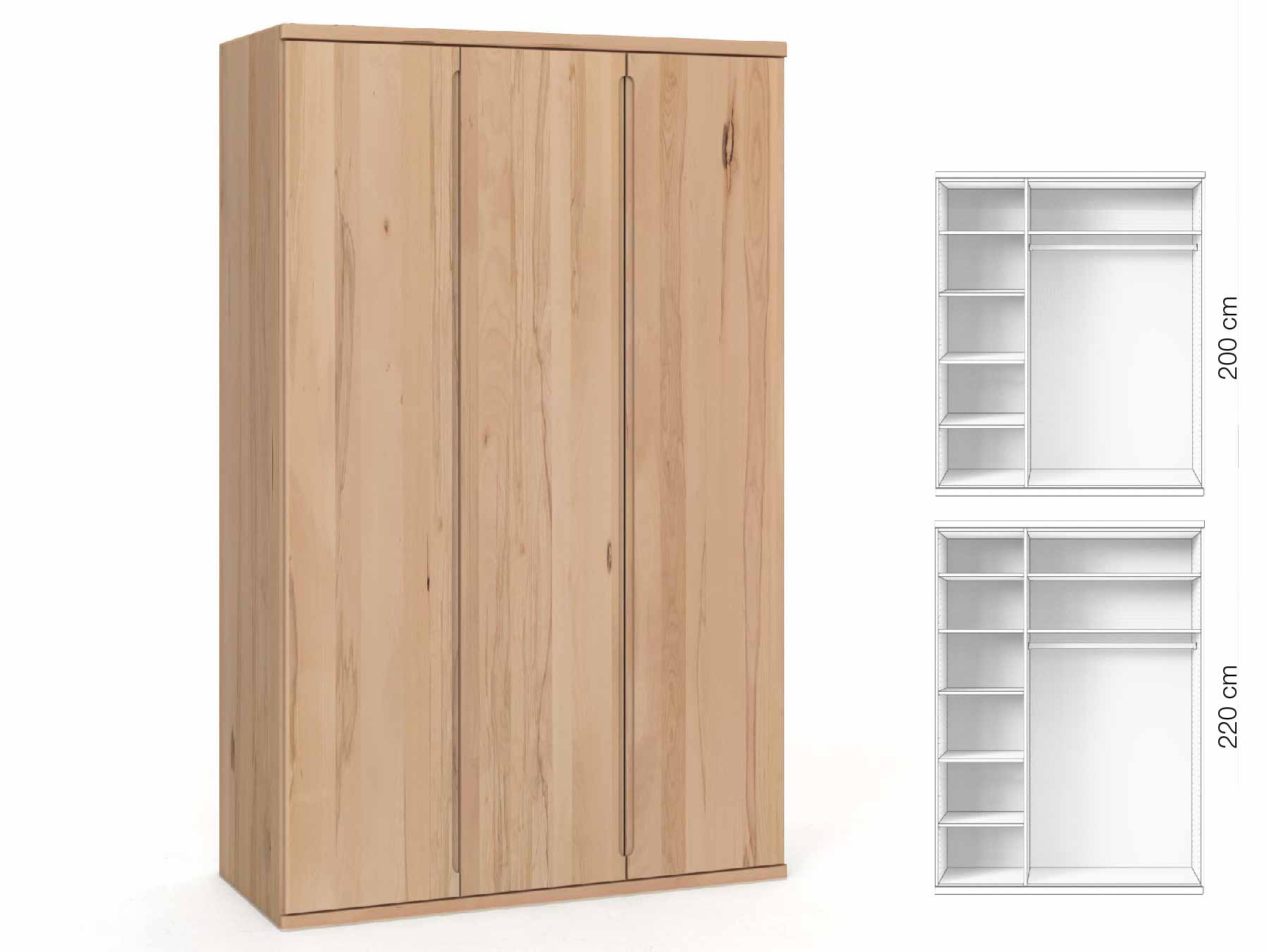 Buchenschrank „Valentin“, 3-türig, Höhe 220 cm, Griffausführung „Lukas“, Inneneinrichtung: B