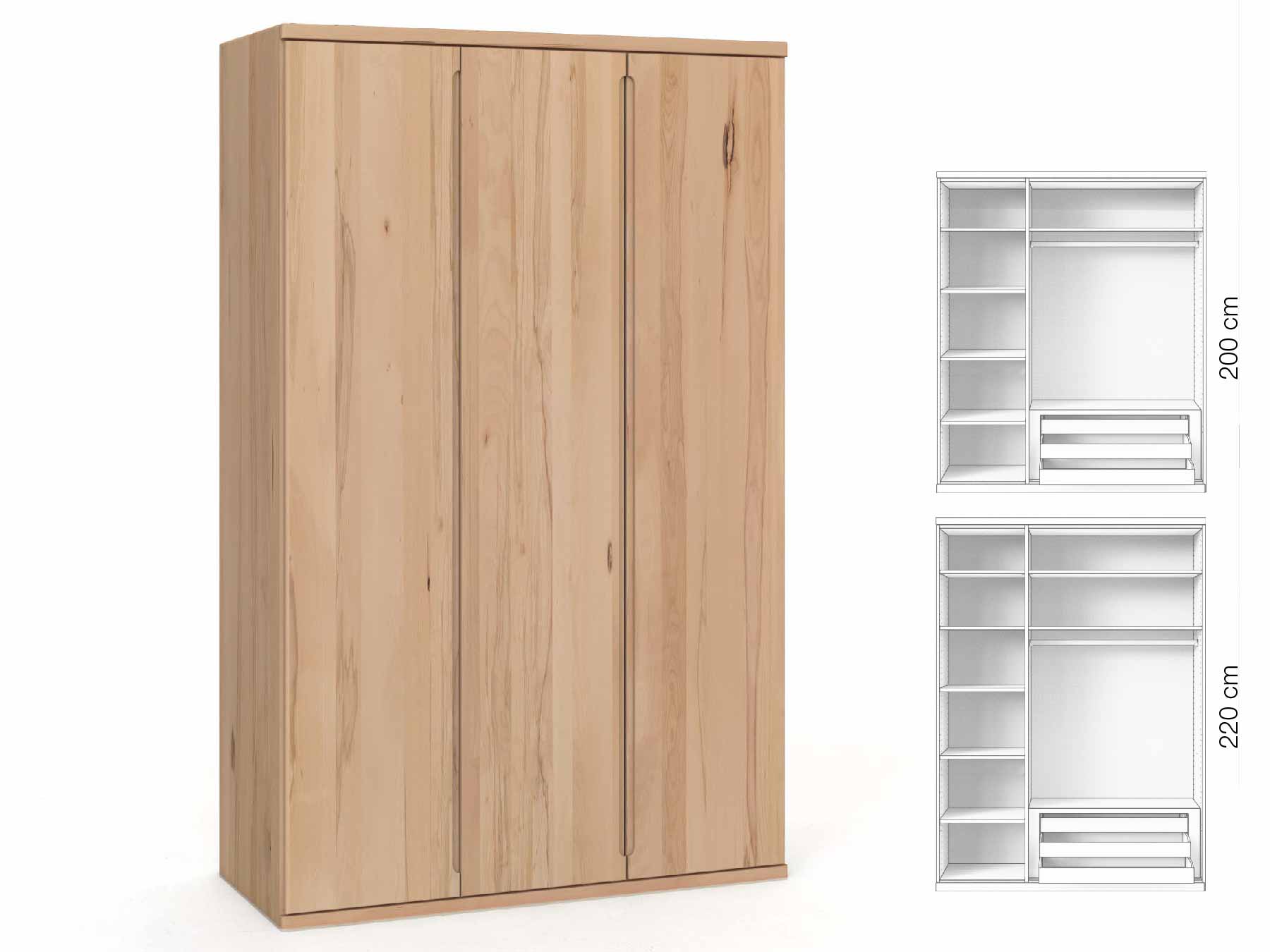Buchenschrank „Valentin“, 3-türig, Höhe 220 cm, Griffausführung „Lukas“, Inneneinrichtung: C