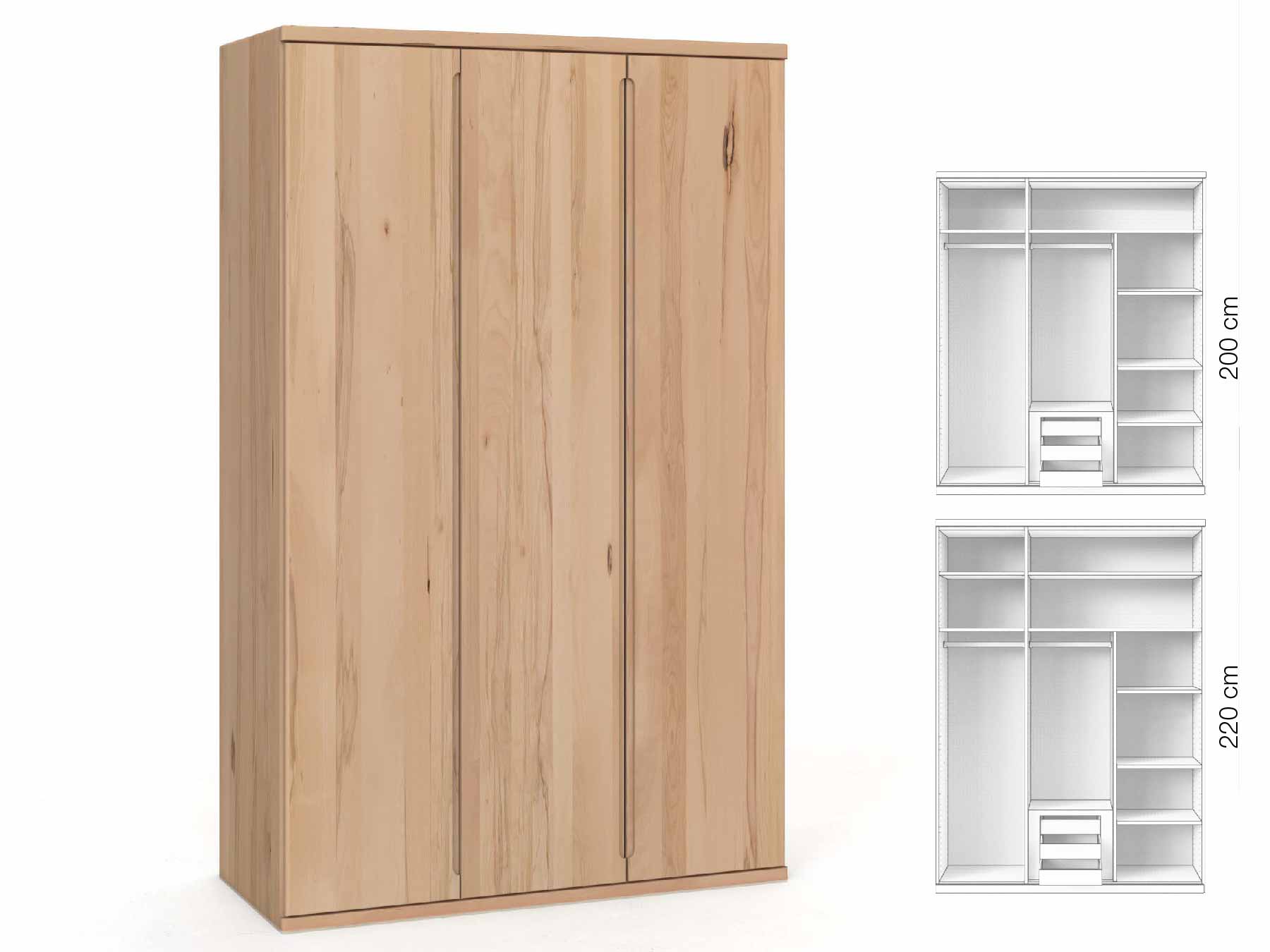 Buchenschrank „Valentin“, 3-türig, Höhe 220 cm, Griffausführung „Lukas“, Inneneinrichtung: D