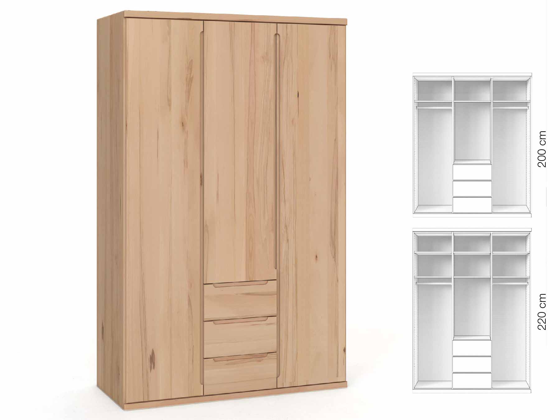 Buchenschrank „Valentin“, 3-türig, Höhe 220 cm, Griffausführung „Lukas“, Inneneinrichtung: E