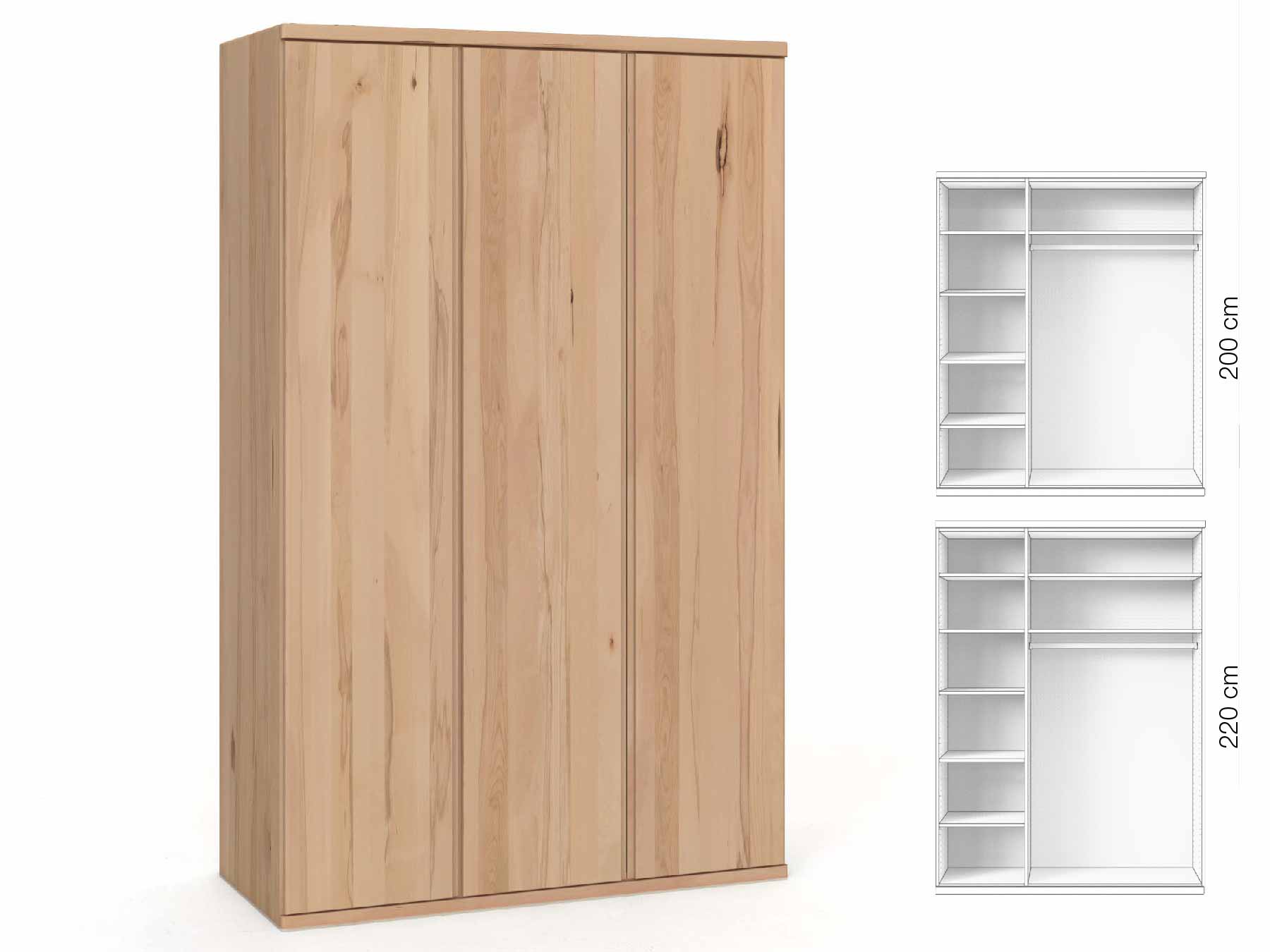 Buchenschrank „Valentin“, 3-türig, Höhe 220 cm, Griffausführung „Patrizia“, Inneneinrichtung: B