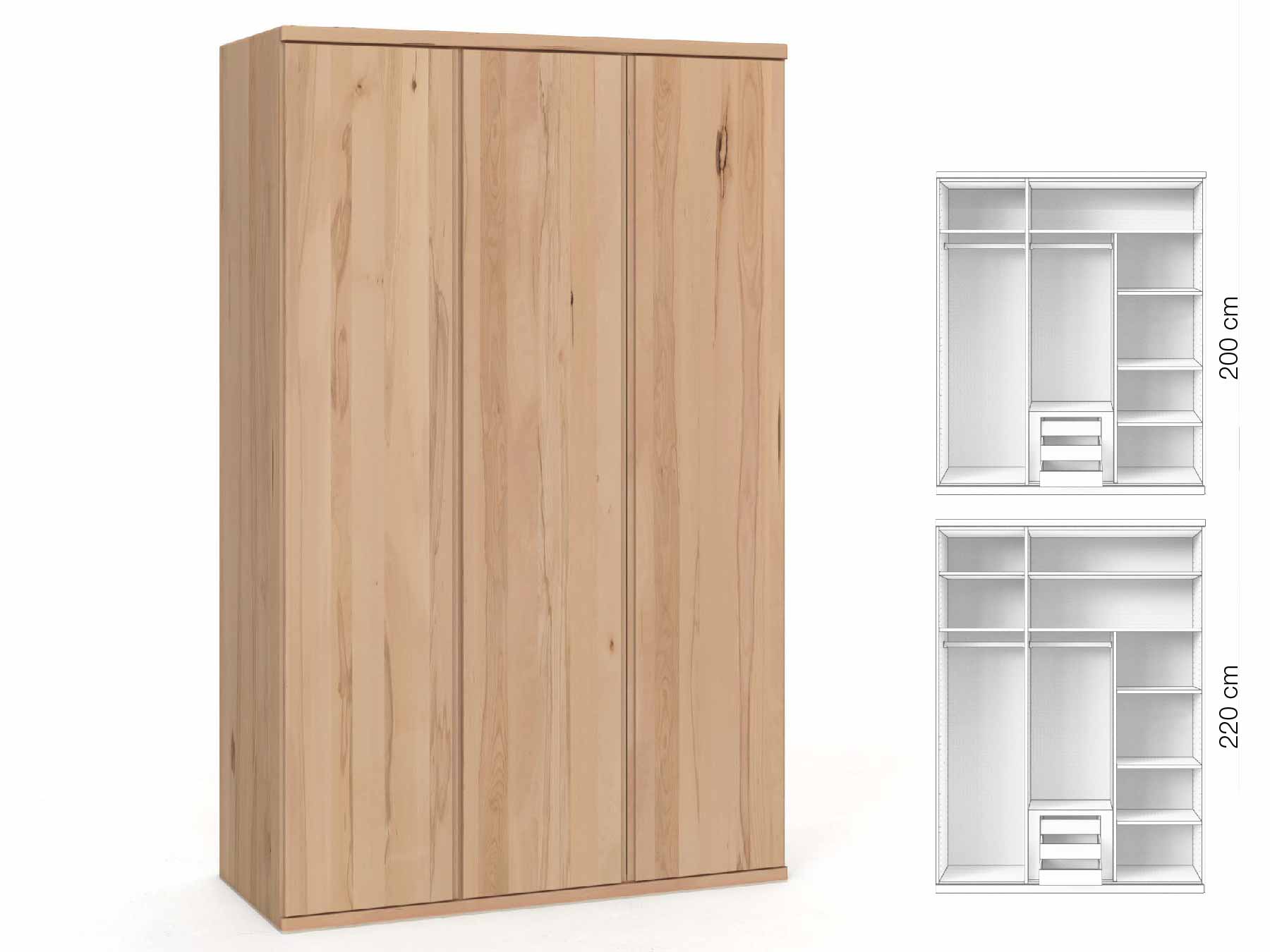 Buchenschrank „Valentin“, 3-türig, Höhe 220 cm, Griffausführung „Patrizia“, Inneneinrichtung: D