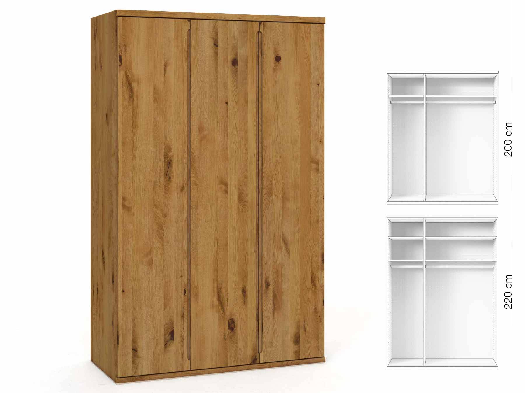 Wildeichenschrank „Valentin“, 3-türig, Höhe 220 cm, Griffausführung „Lukas“, Inneneinrichtung: A