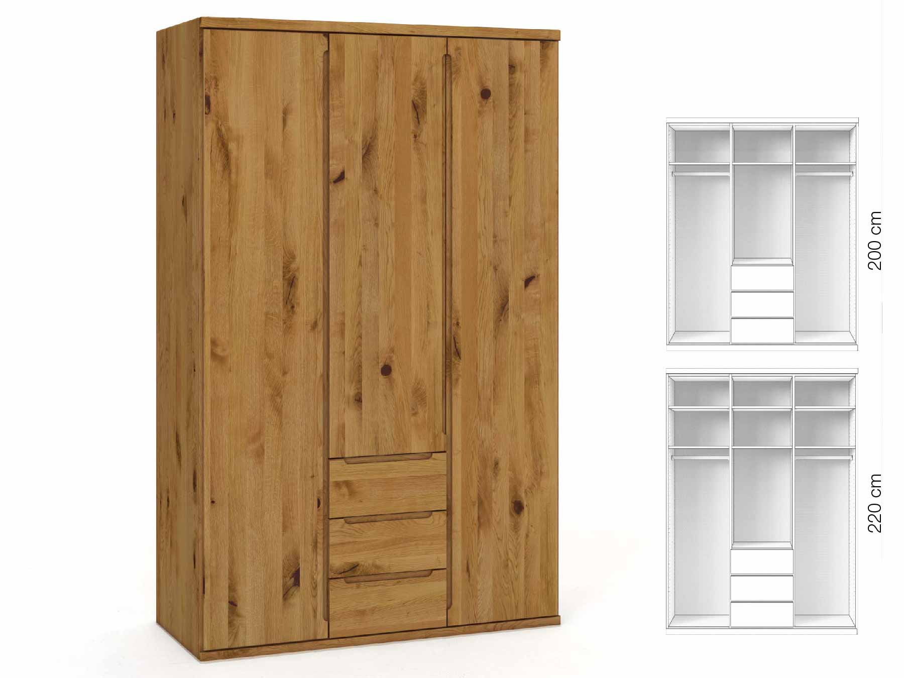 Wildeichenschrank „Valentin“, 3-türig, Höhe 220 cm, Griffausführung „Lukas“, Inneneinrichtung: E