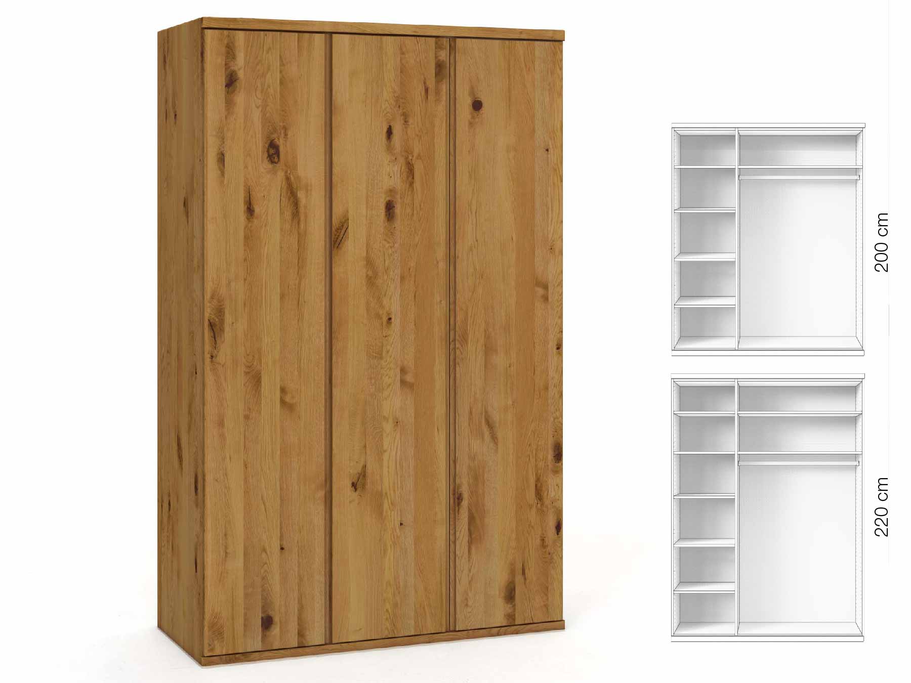 Wildeichenschrank „Valentin“, 3-türig, Höhe 220 cm, Griffausführung „Patrizia“, Inneneinrichtung: B