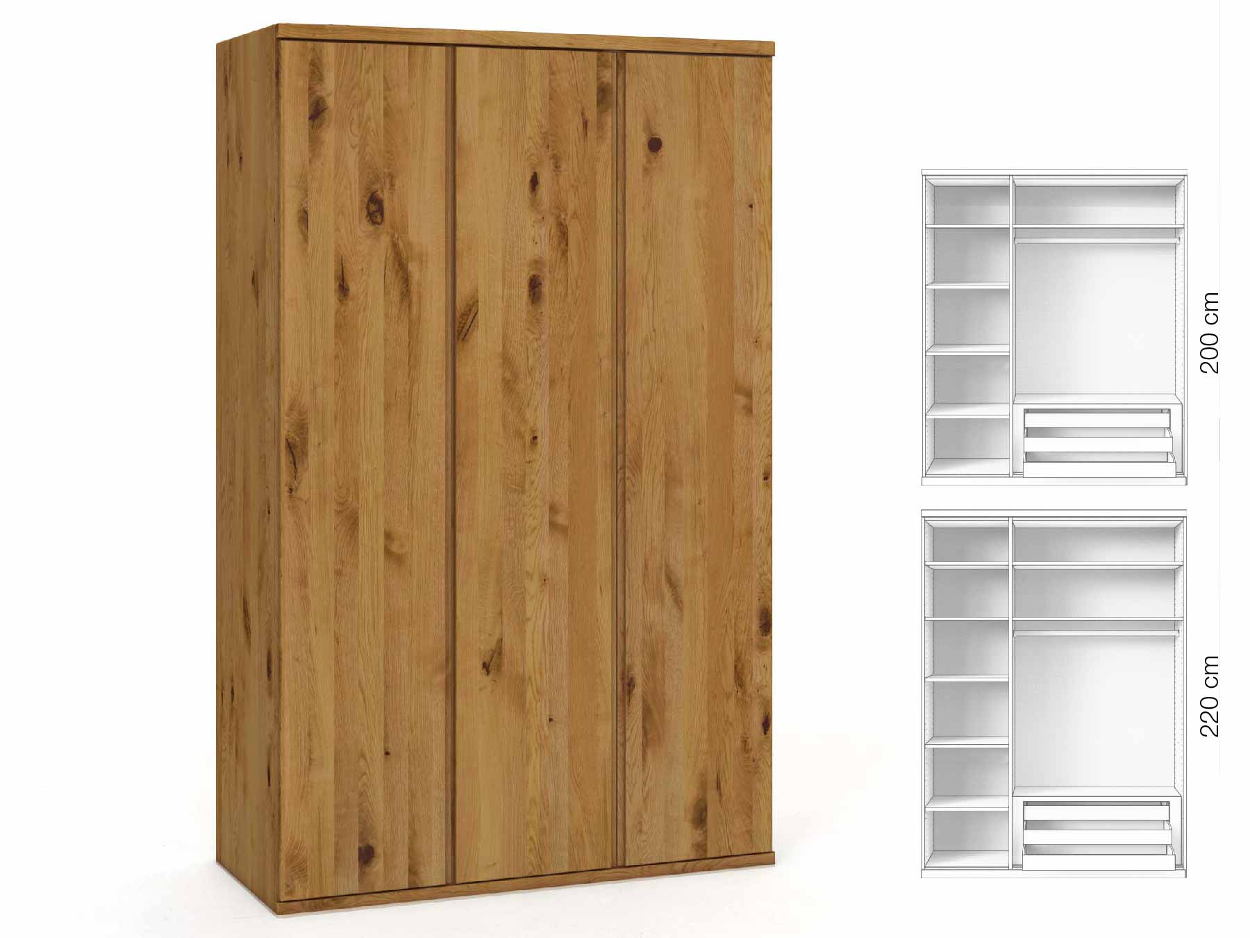 Wildeichenschrank „Valentin“, 3-türig, Höhe 220 cm, Griffausführung „Patrizia“, Inneneinrichtung: C