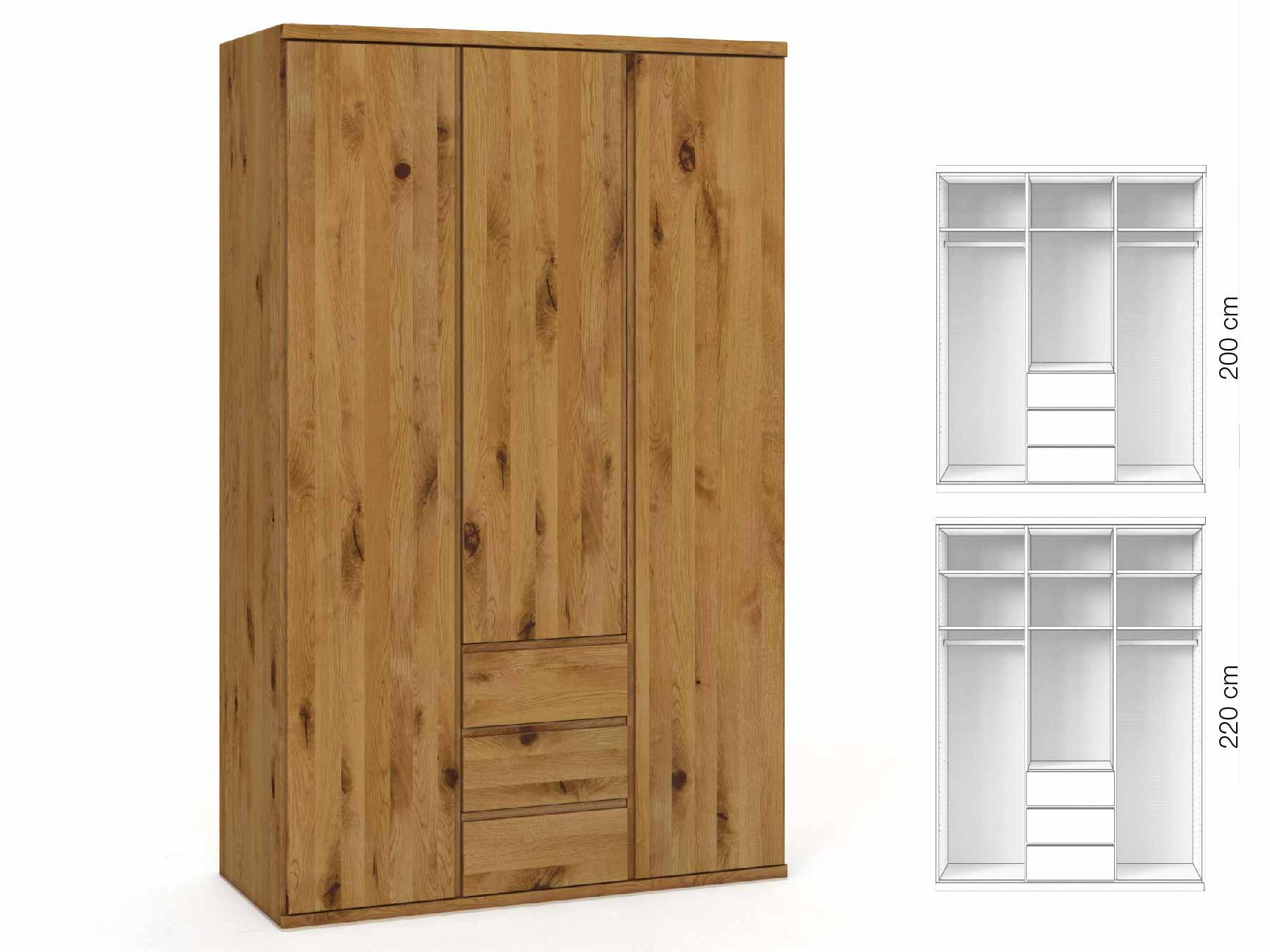 Wildeichenschrank „Valentin“, 3-türig, Höhe 220 cm, Griffausführung „Patrizia“, Inneneinrichtung: E