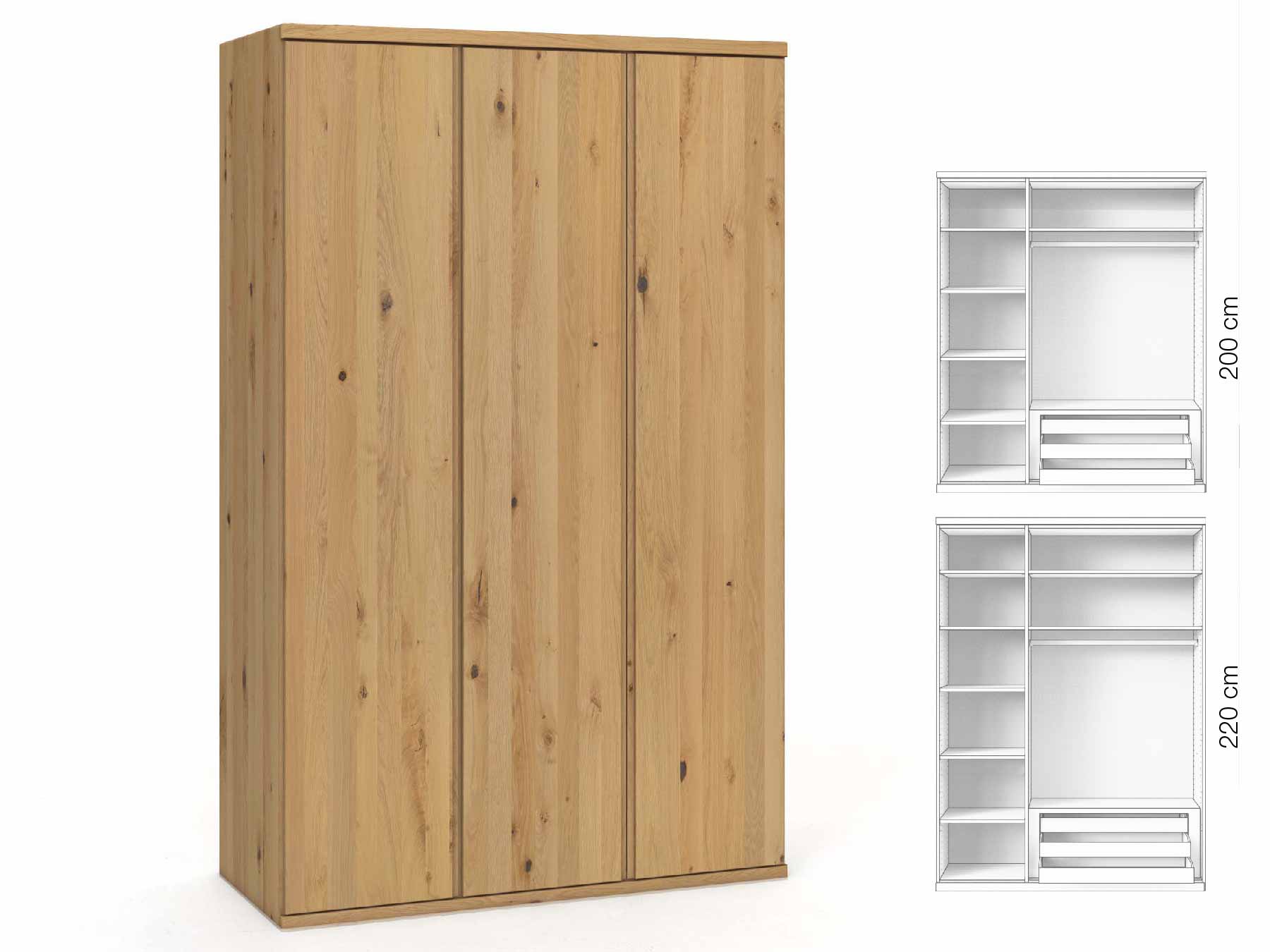 Wildeichenschrank Hell „Valentin“, 3-türig, Höhe 220 cm, Griffausführung „Patrizia“, Inneneinrichtung: C