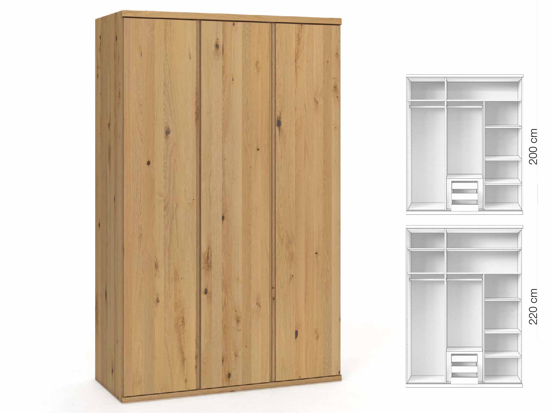 Wildeichenschrank Hell „Valentin“, 3-türig, Höhe 220 cm, Griffausführung „Patrizia“, Inneneinrichtung: D