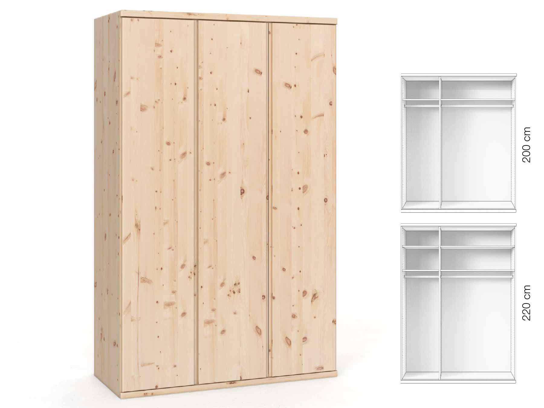 Zirbenschrank „Valentin“, 3-türig, Höhe 220 cm, Griffausführung „Patrizia“, Inneneinrichtung: A