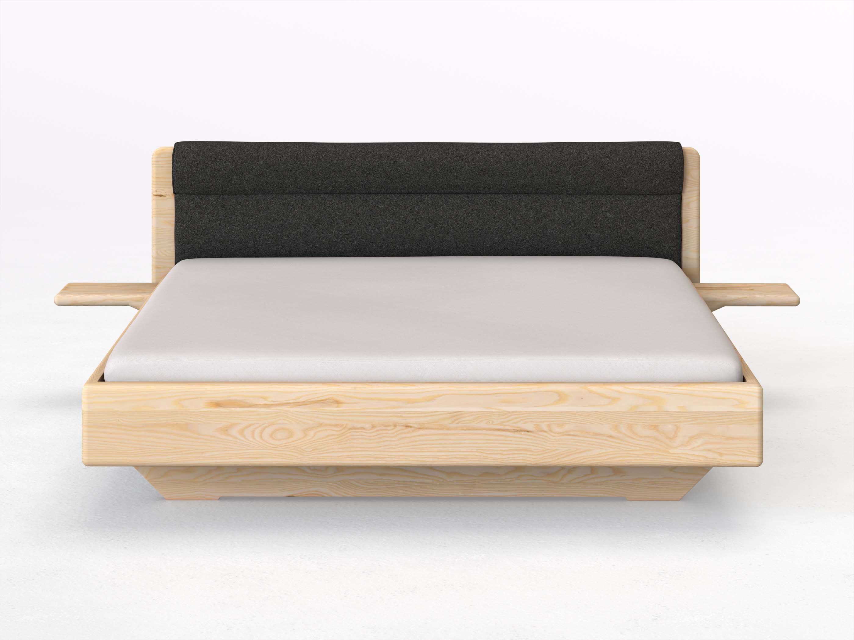 Eschenbett „Valentina“ in 180 x 200 cm mit 2 Ablagen und Stoffkopfteil - Stoff: Schafschurwolle „Loden“ in der Farbe Anthrazit