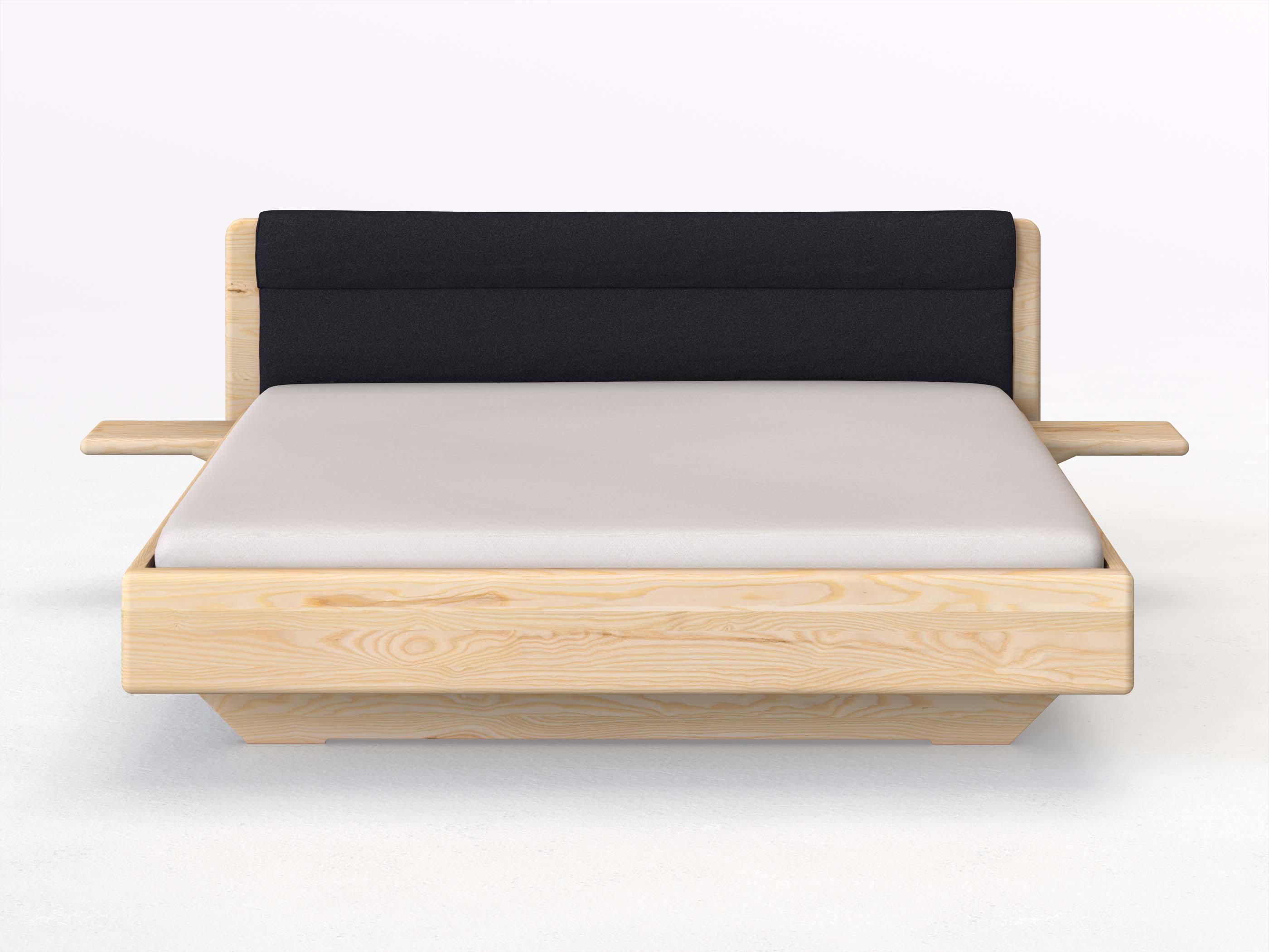 Eschenbett „Valentina“ in 180 x 200 cm mit 2 Ablagen und Stoffkopfteil - Stoff: Schafschurwolle „Loden“ in der Farbe Nachtblau