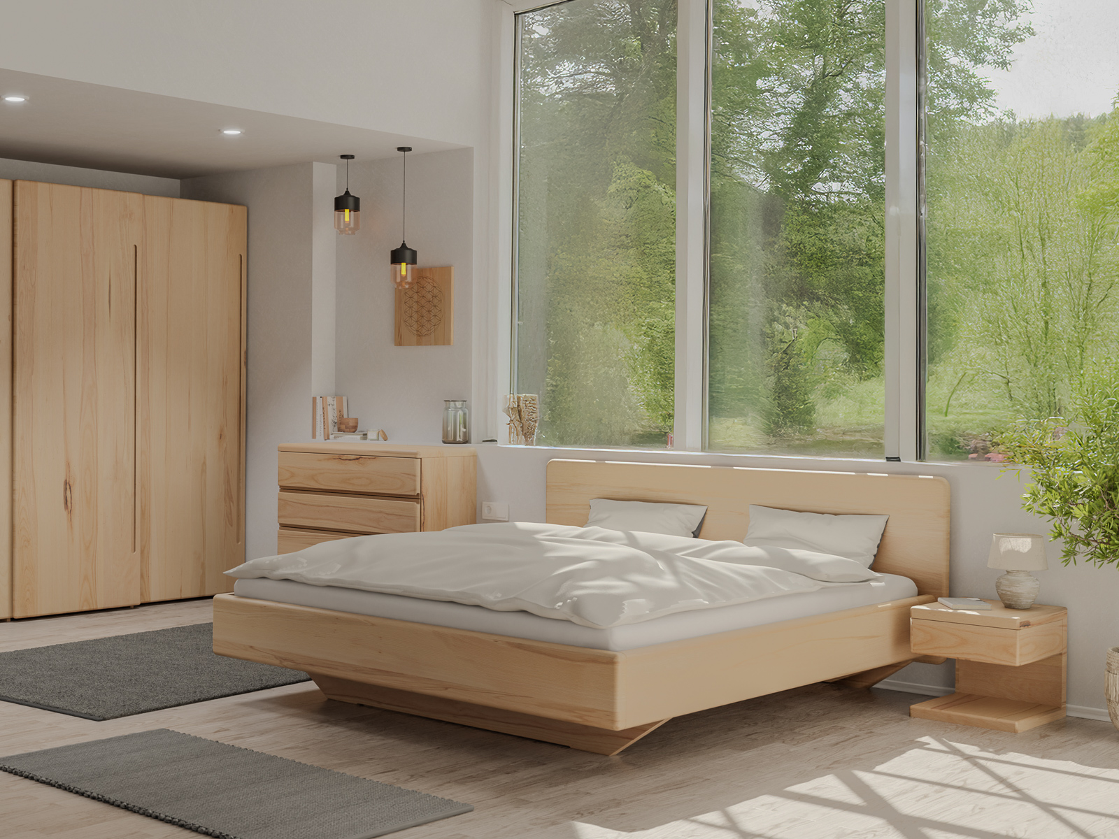 Schlafzimmer mit Buchenbett „Valentina“ in 180 x 200 cm und Nachttischen „Valentina“