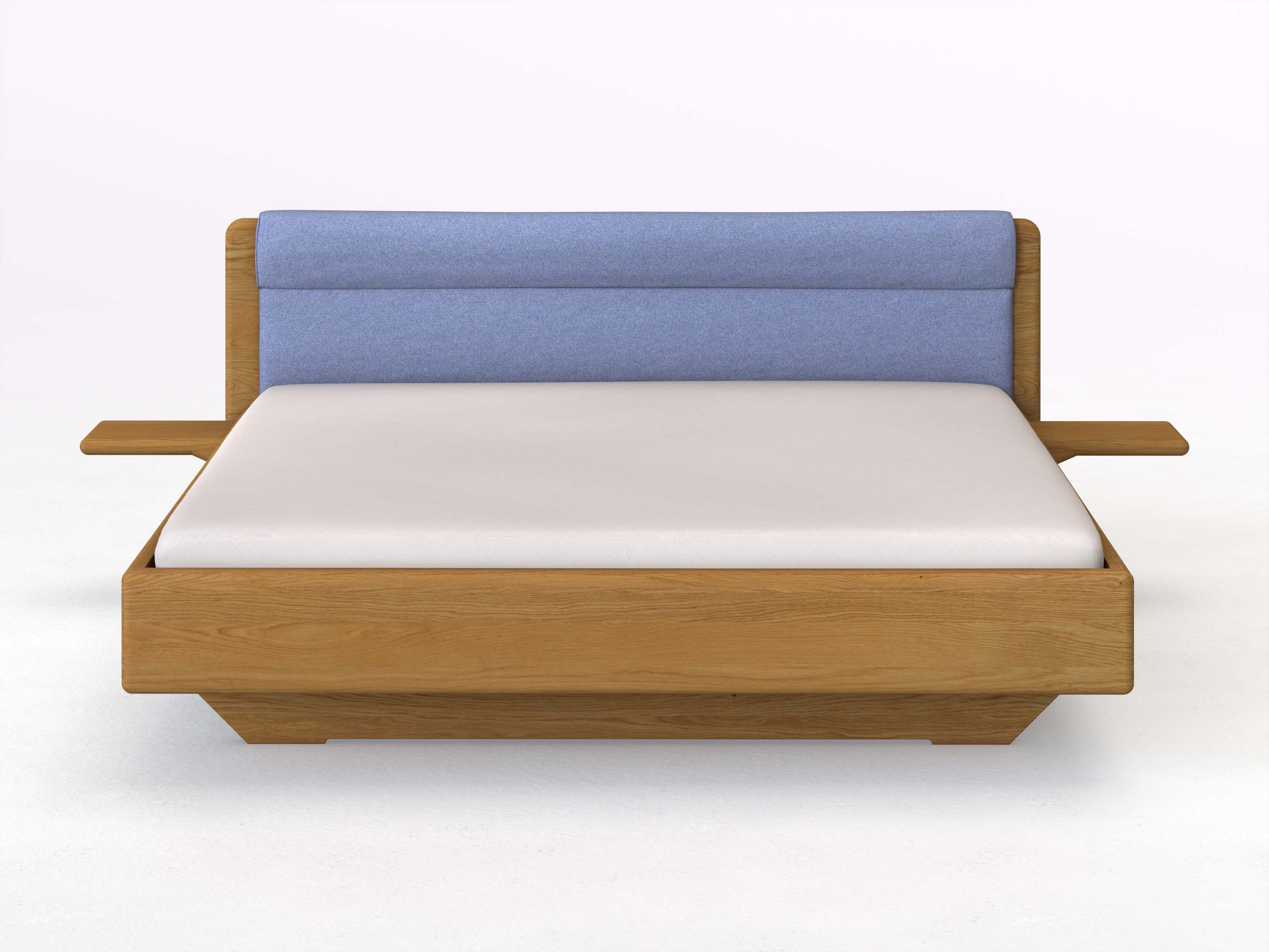 Eichenbett „Valentina“ in 180 x 200 cm mit 2 Ablagen und Stoffkopfteil - Stoff: Schafschurwolle „Fischgrät“ in der Farbe Kornblume