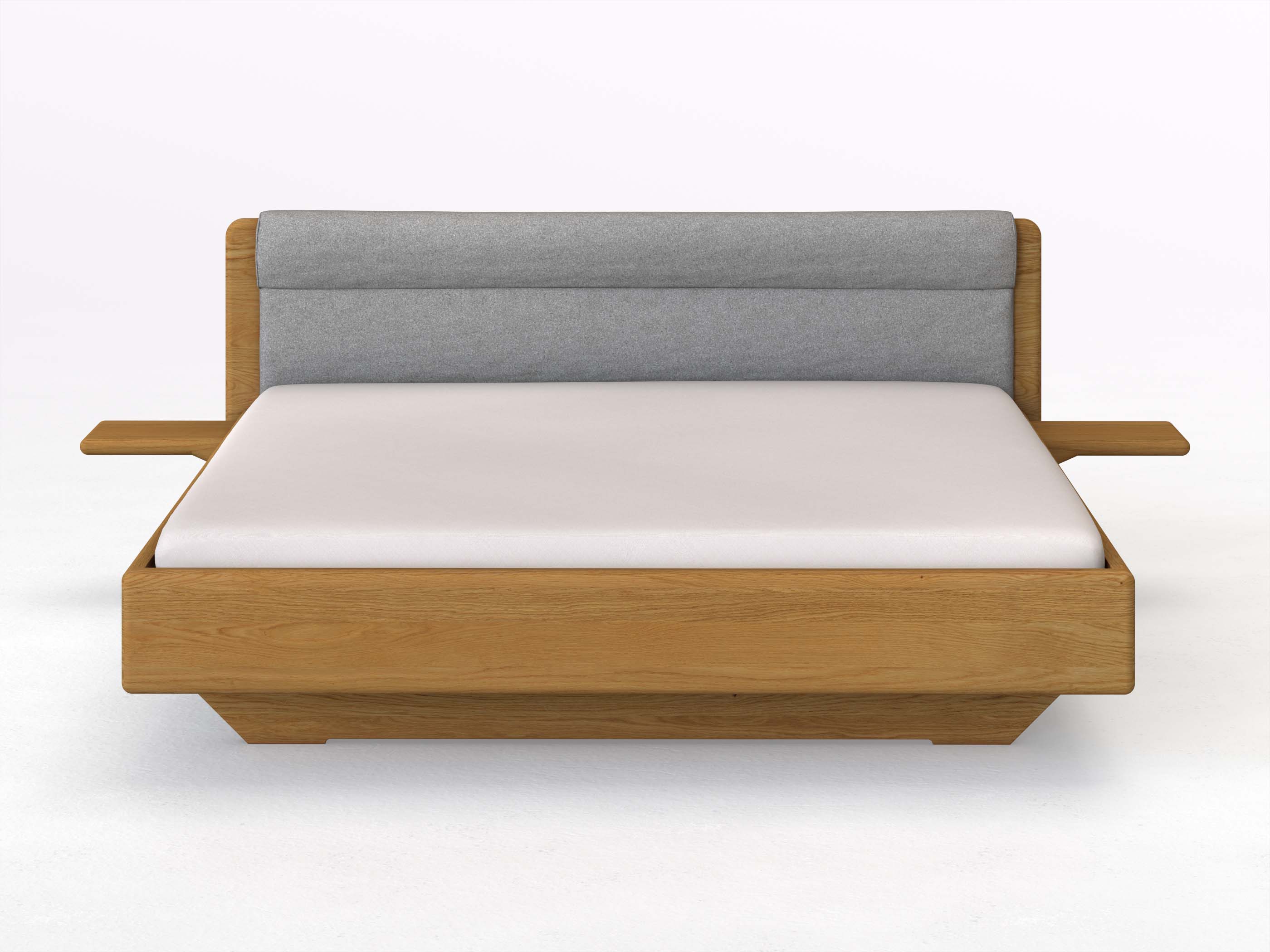 Eichenbett „Valentina“ in 180 x 200 cm mit 2 Ablagen und Stoffkopfteil - Stoff: Schafschurwolle „Loden“ in der Farbe Nebelgrau