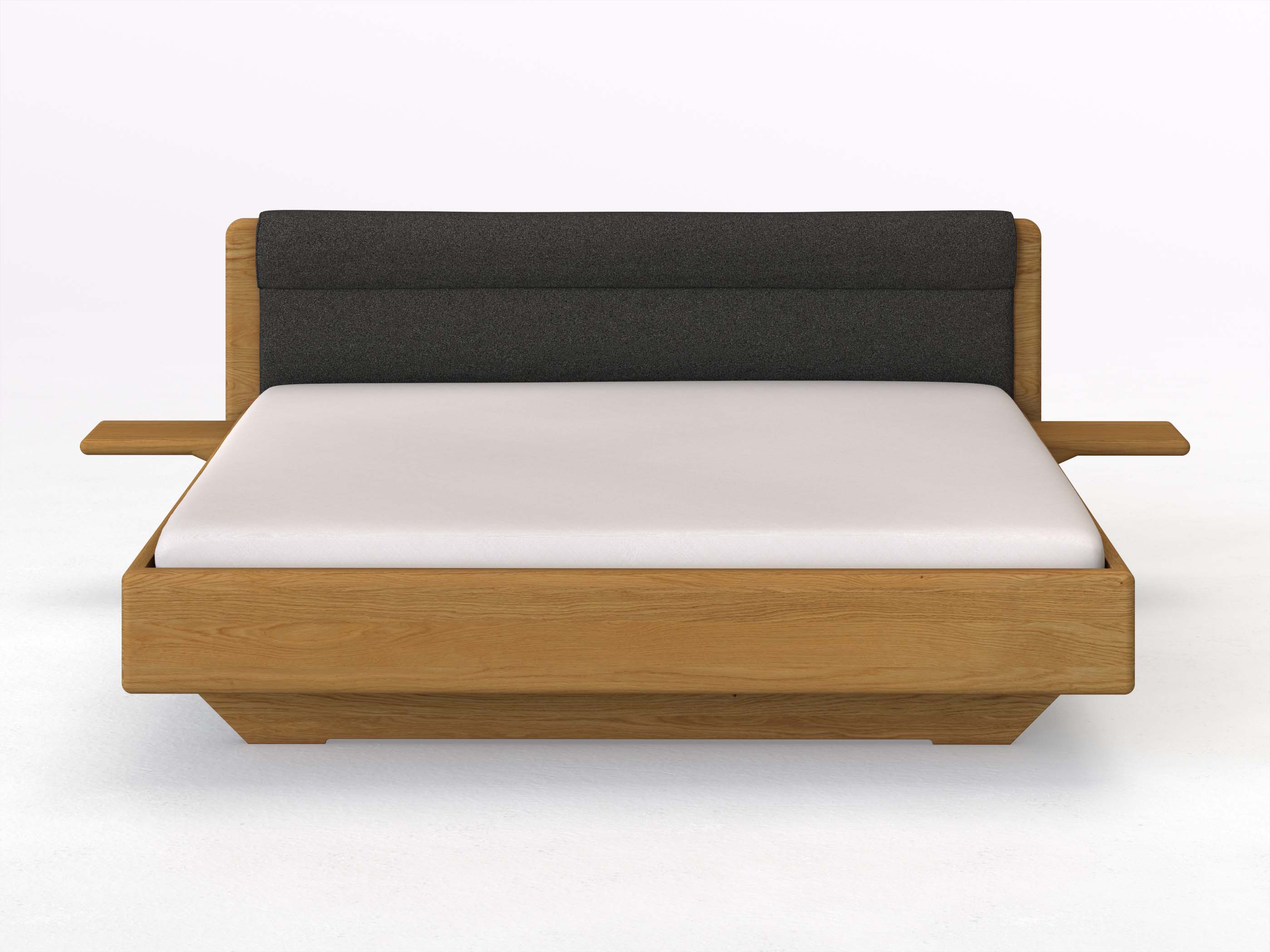 Eichenbett „Valentina“ in 180 x 200 cm mit 2 Ablagen und Stoffkopfteil - Stoff: Schafschurwolle „Loden“ in der Farbe Anthrazit