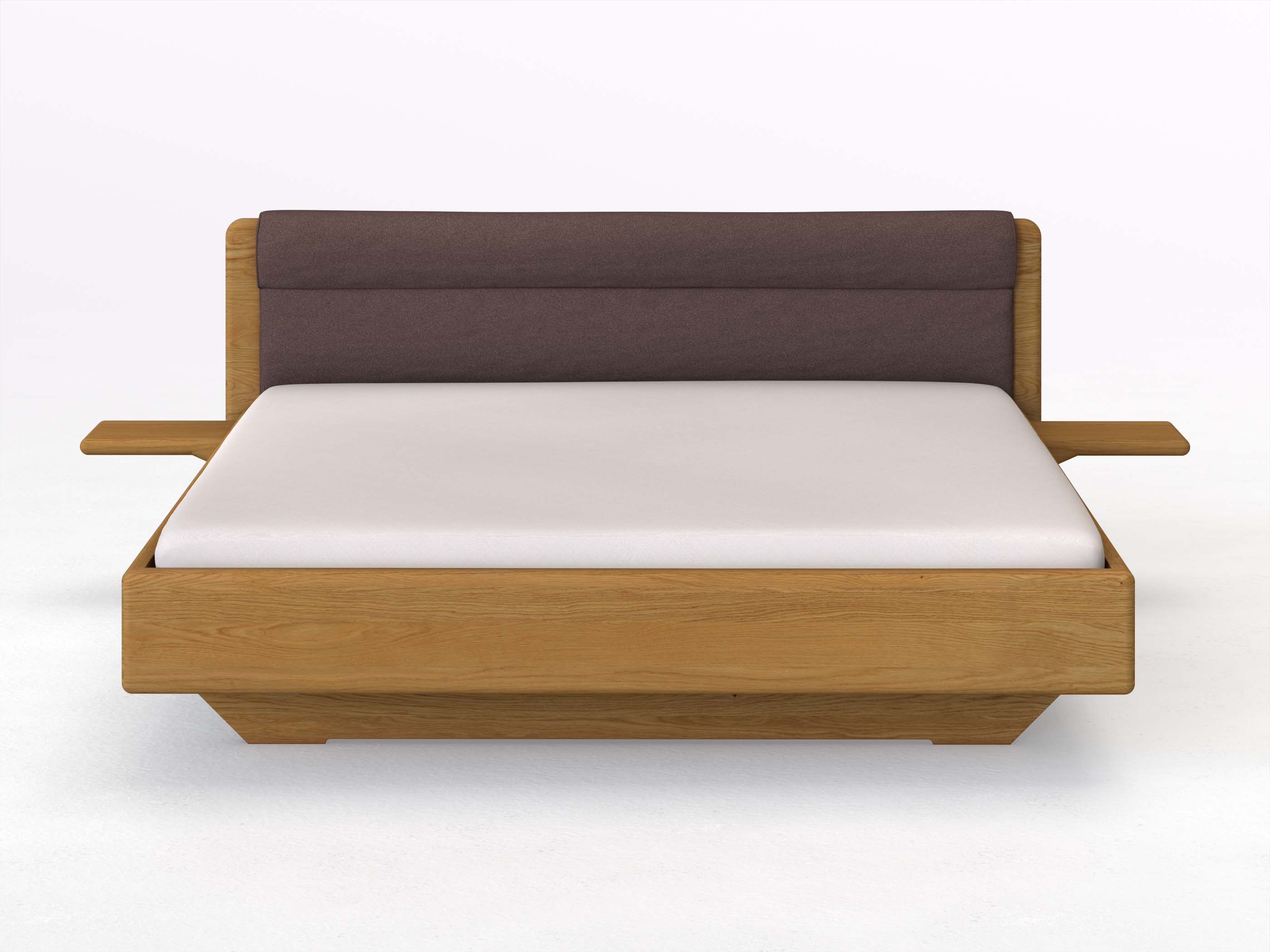 Eichenbett „Valentina“ in 180 x 200 cm mit 2 Ablagen und Stoffkopfteil - Stoff: Schafschurwolle „Loden“ in der Farbe Abenddämmerung