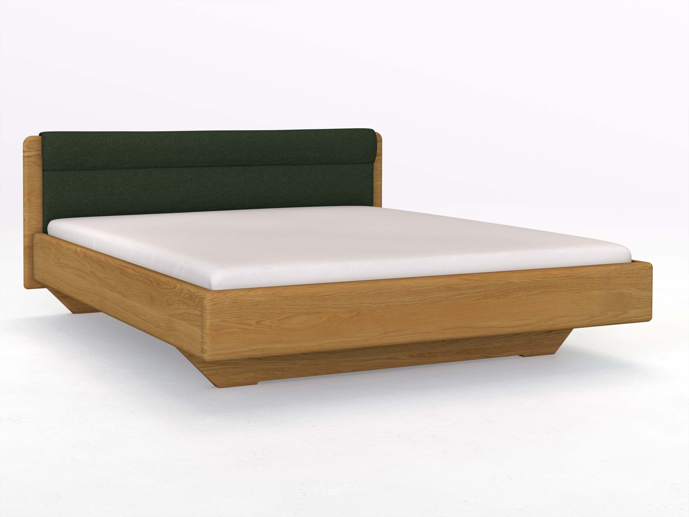 Eichenbett „Valentina“ in 180 x 200 cm, mit Stoffkopfteil - Stoff: Schafschurwolle „Loden“ in der Farbe Tannenwald