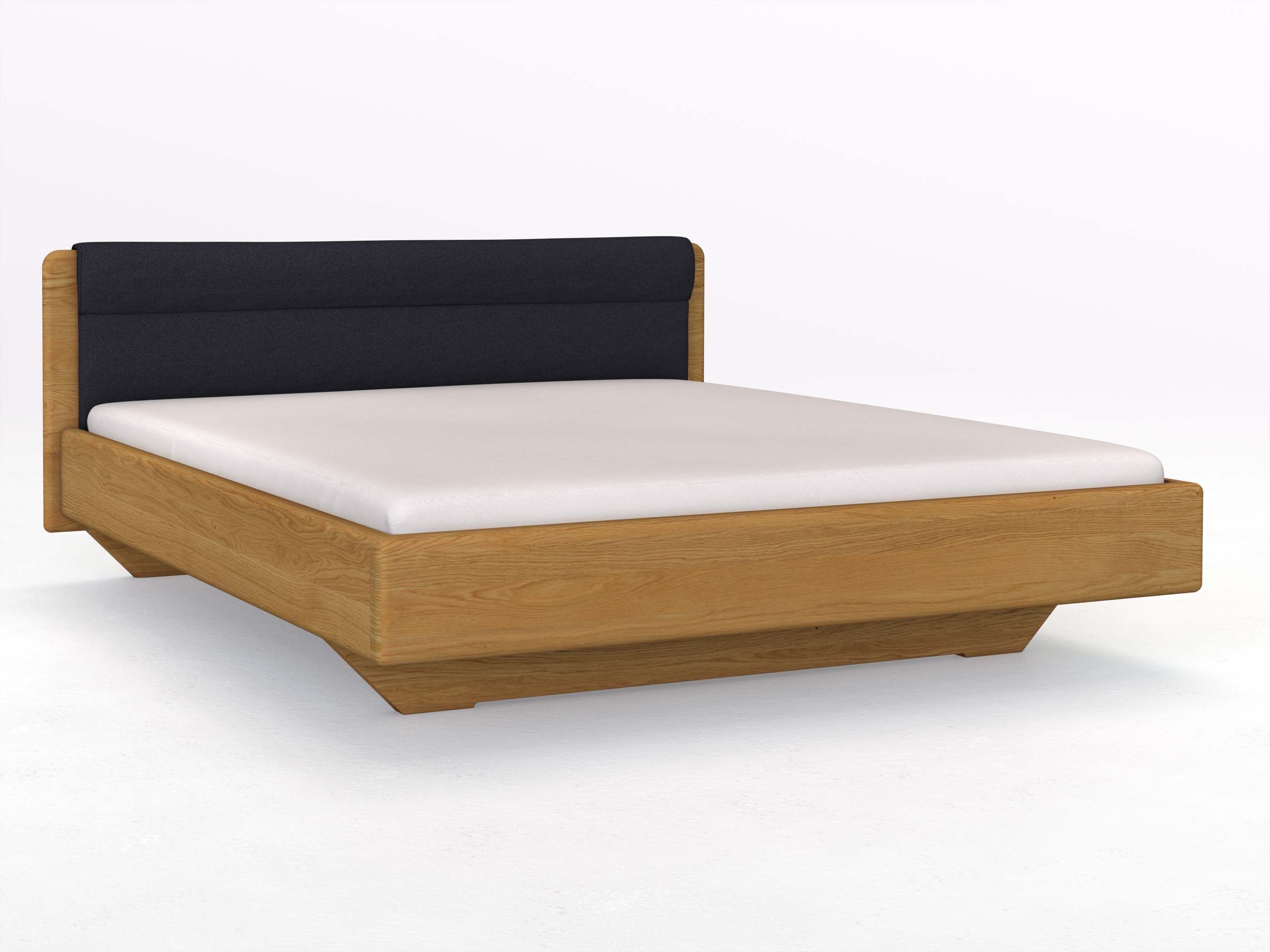 Eichenbett „Valentina“ in 180 x 200 cm, mit Stoffkopfteil - Stoff: Schafschurwolle „Loden“ in der Farbe Nachtblau