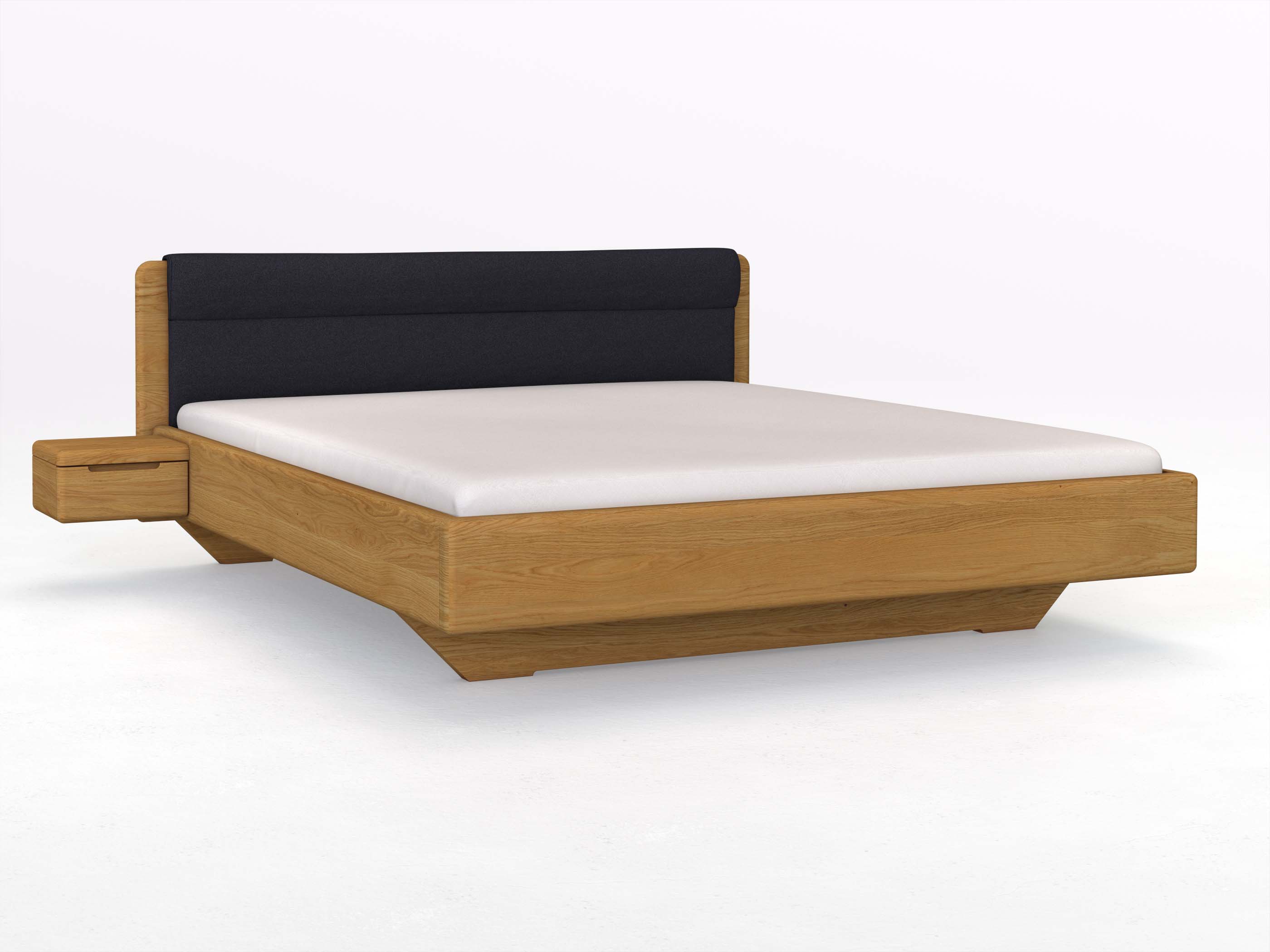 Eichenbett „Valentina“ in 180 x 200 cm mit 2 Nachttischen - Griff: Griffleiste B und mit Stoffkopfteil - Stoff: Schafschurwolle „Loden“ in der Farbe Nachtblau