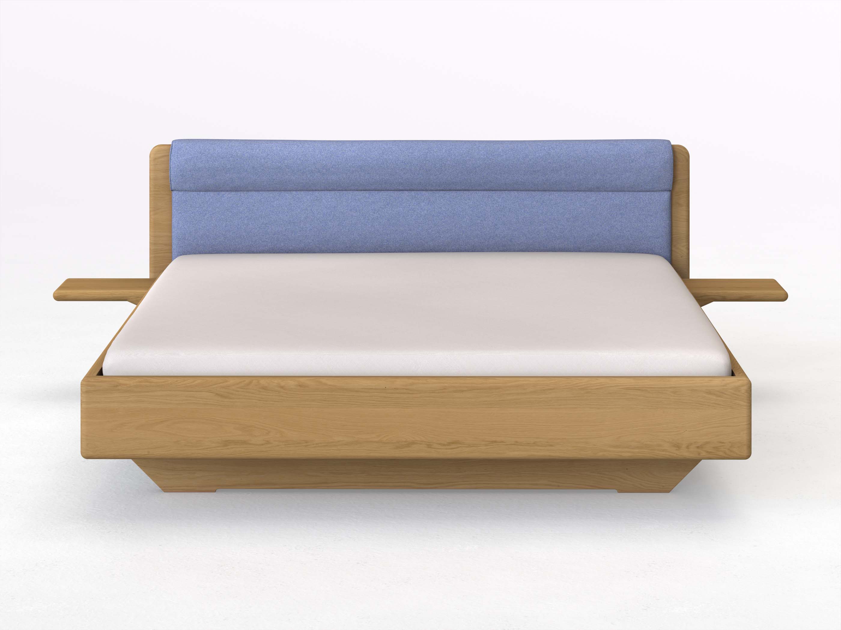 Eichenbett Hell „Valentina“ in 180 x 200 cm mit 2 Ablagen und Stoffkopfteil - Stoff: Schafschurwolle „Fischgrät“ in der Farbe Kornblume