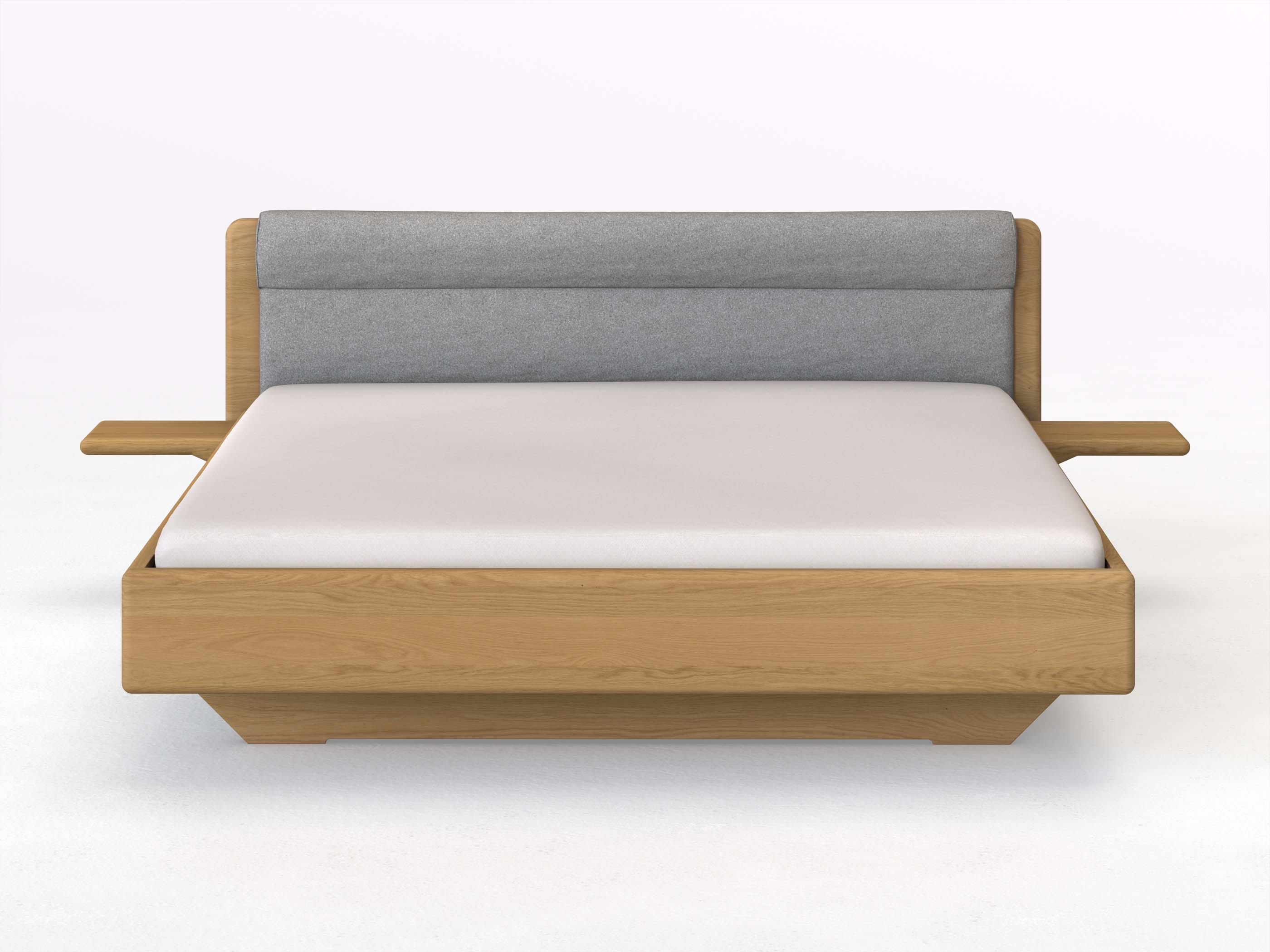 Eichenbett Hell „Valentina“ in 180 x 200 cm mit 2 Ablagen und Stoffkopfteil - Stoff: Schafschurwolle „Loden“ in der Farbe Nebelgrau