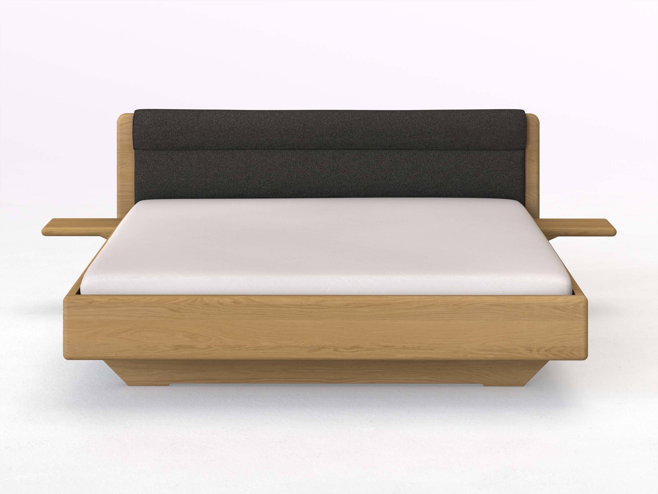 Eichenbett Hell „Valentina“ in 180 x 200 cm mit 2 Ablagen und Stoffkopfteil - Stoff: Schafschurwolle „Loden“ in der Farbe Anthrazit
