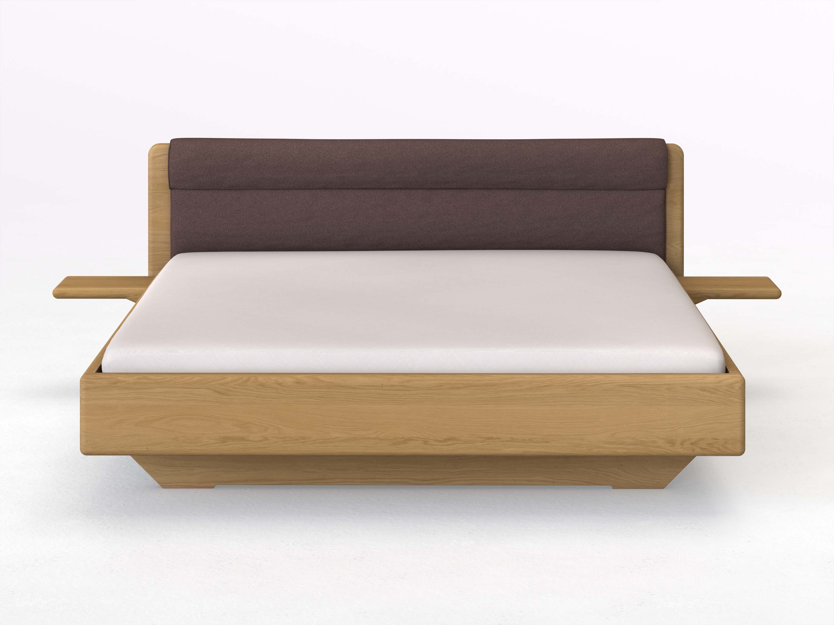 Eichenbett Hell „Valentina“ in 180 x 200 cm mit 2 Ablagen und Stoffkopfteil - Stoff: Schafschurwolle „Loden“ in der Farbe Abenddämmerung