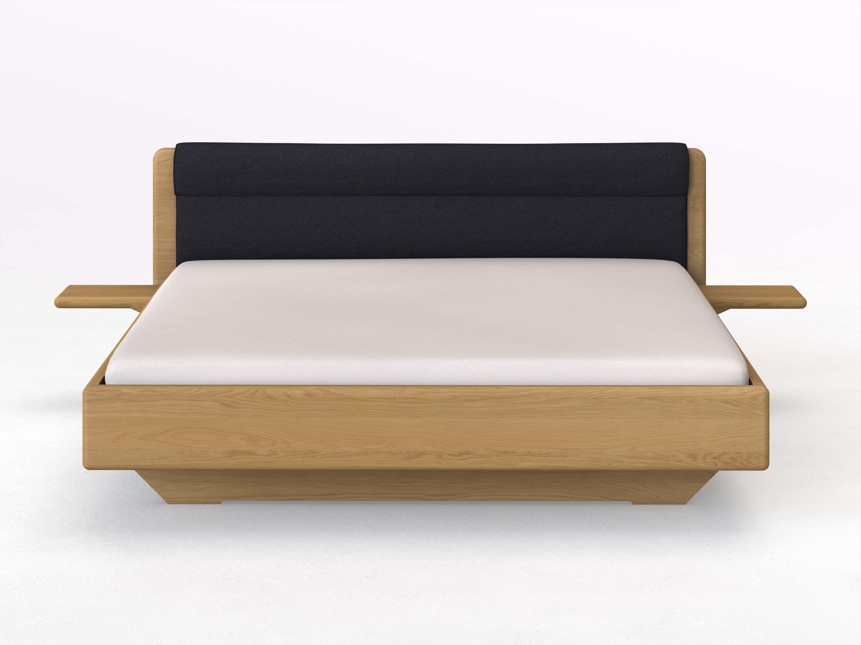 Eichenbett Hell „Valentina“ in 180 x 200 cm mit 2 Ablagen und Stoffkopfteil - Stoff: Schafschurwolle „Loden“ in der Farbe Nachtblau