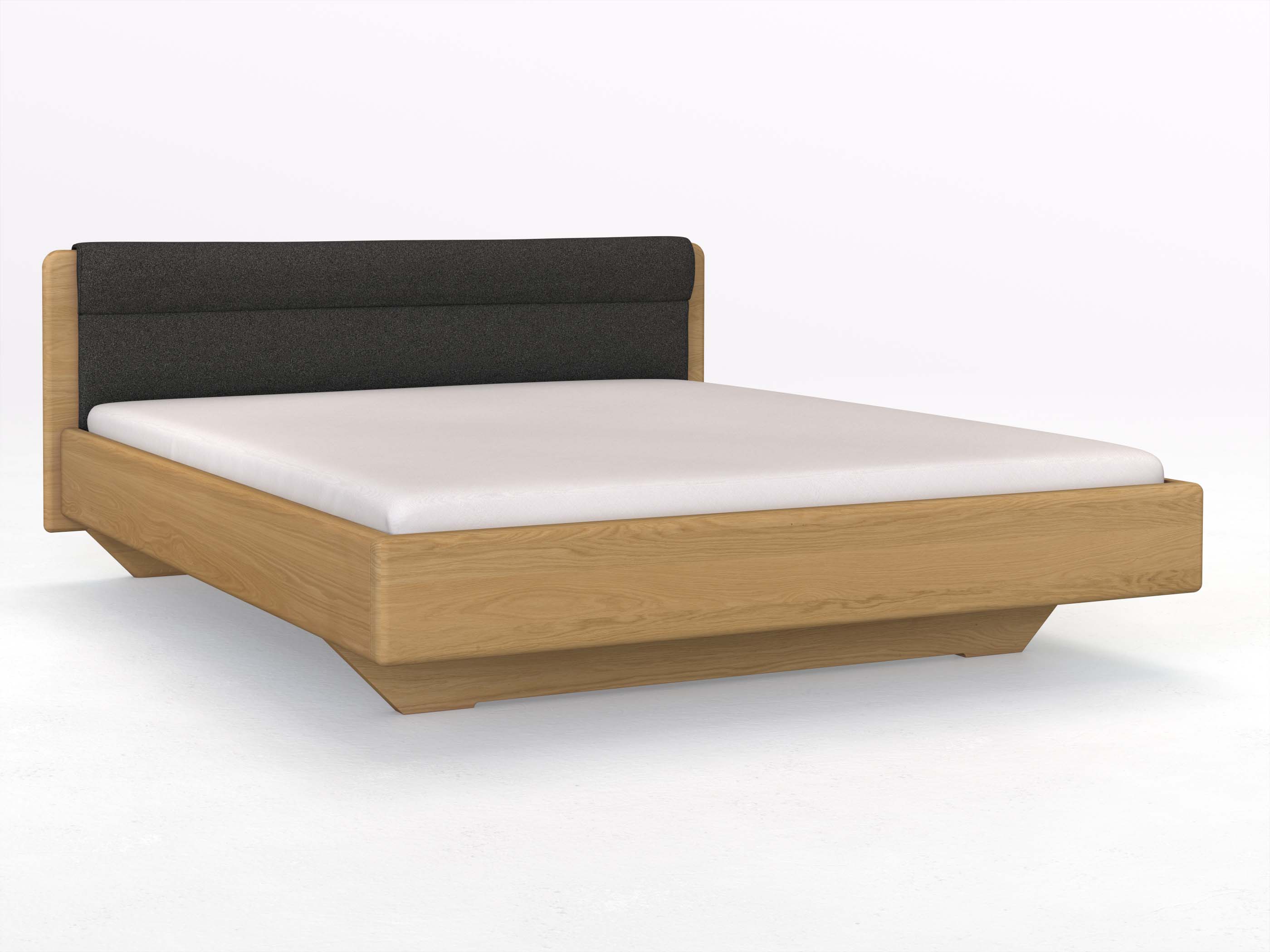 Eichenbett Hell „Valentina“ in 180 x 200 cm, mit Stoffkopfteil - Stoff: Schafschurwolle „Loden“ in der Farbe Anthrazit
