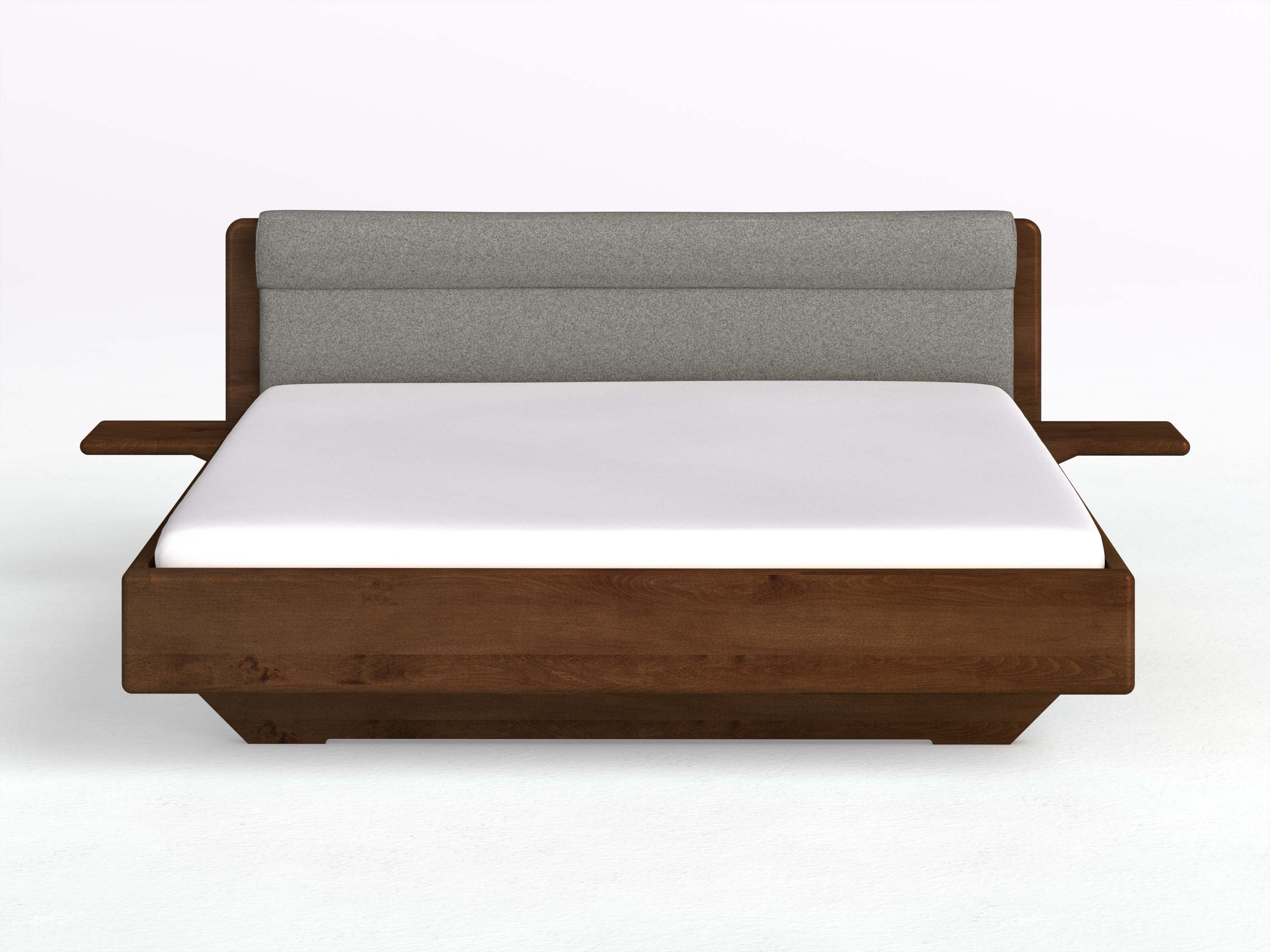 Buchenbett Dunkel „Valentina“ in 180 x 200 cm mit 2 Ablagen und Stoffkopfteil - Stoff: Schafschurwolle „Fischgrät“ in der Farbe Grauer Mohn