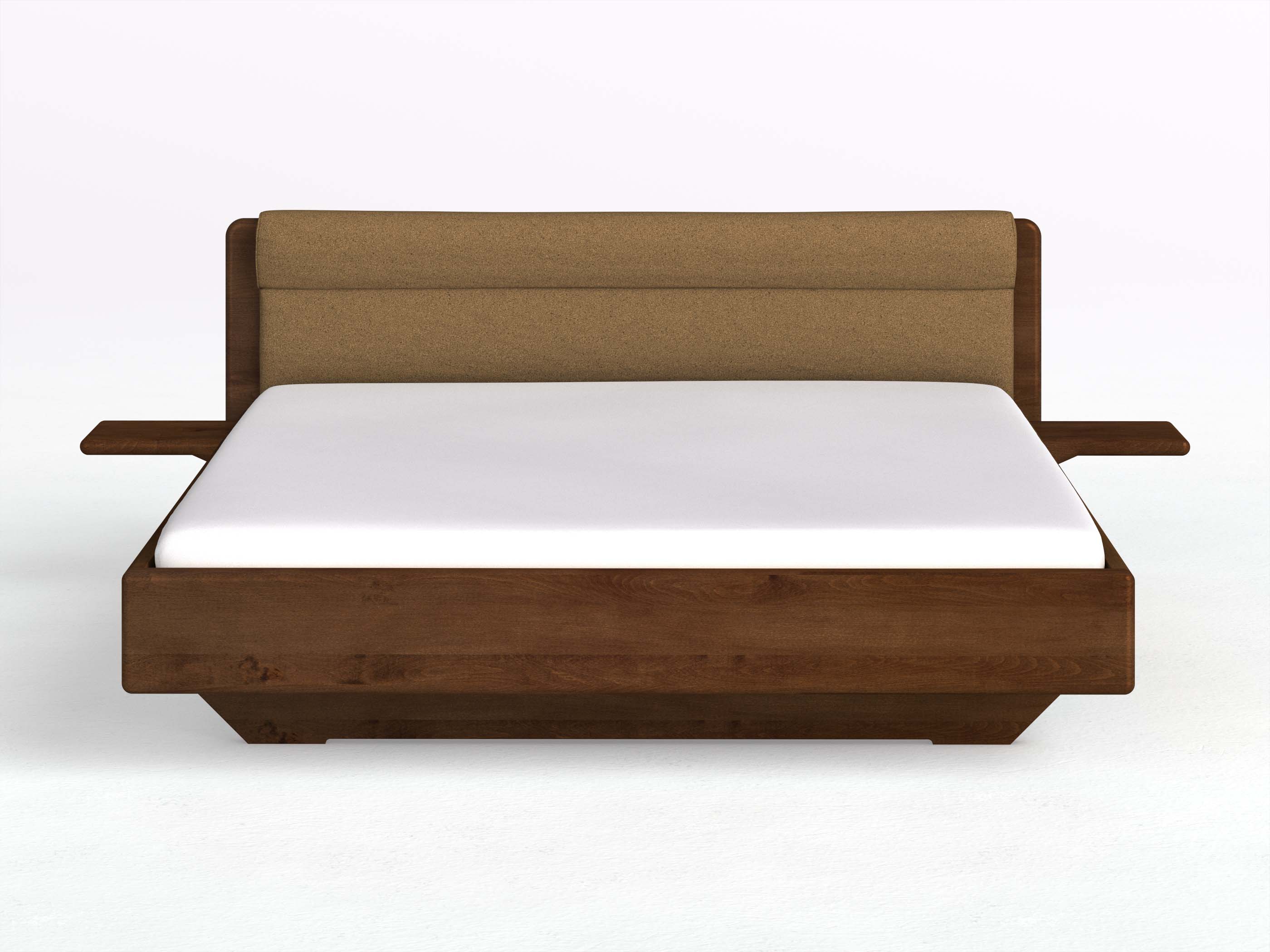 Buchenbett Dunkel „Valentina“ in 180 x 200 cm mit 2 Ablagen und Stoffkopfteil - Stoff: Schafschurwolle „Loden“ in der Farbe Zimtrinde