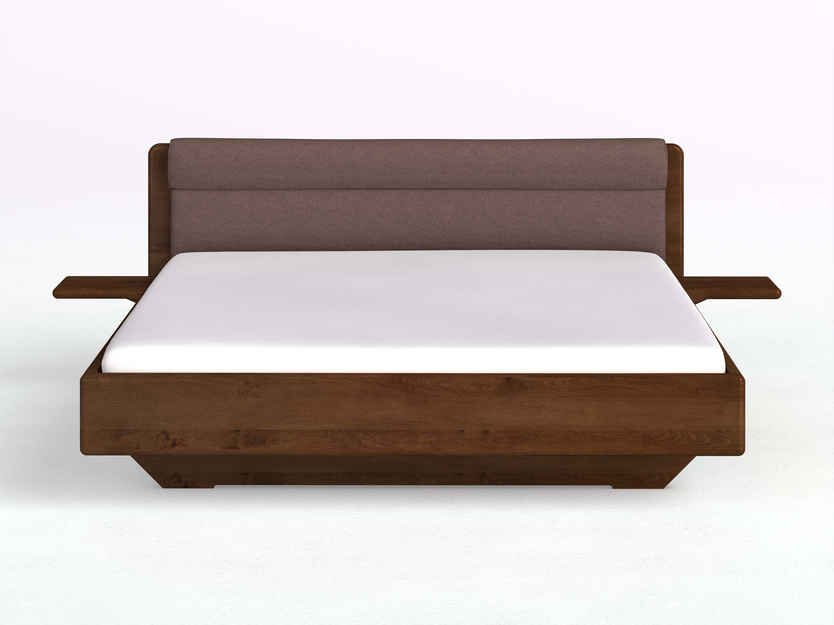 Buchenbett Dunkel „Valentina“ in 180 x 200 cm mit 2 Ablagen und Stoffkopfteil - Stoff: Schafschurwolle „Loden“ in der Farbe Abenddämmerung