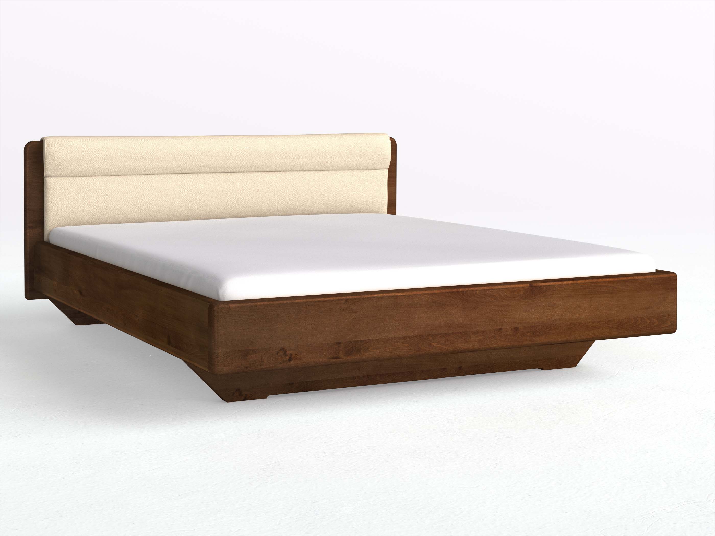 Buchenbett Dunkel „Valentina“ in 180 x 200 cm, mit Stoffkopfteil - Stoff: Schafschurwolle „Fischgrät“ in der Farbe Holunderblüte