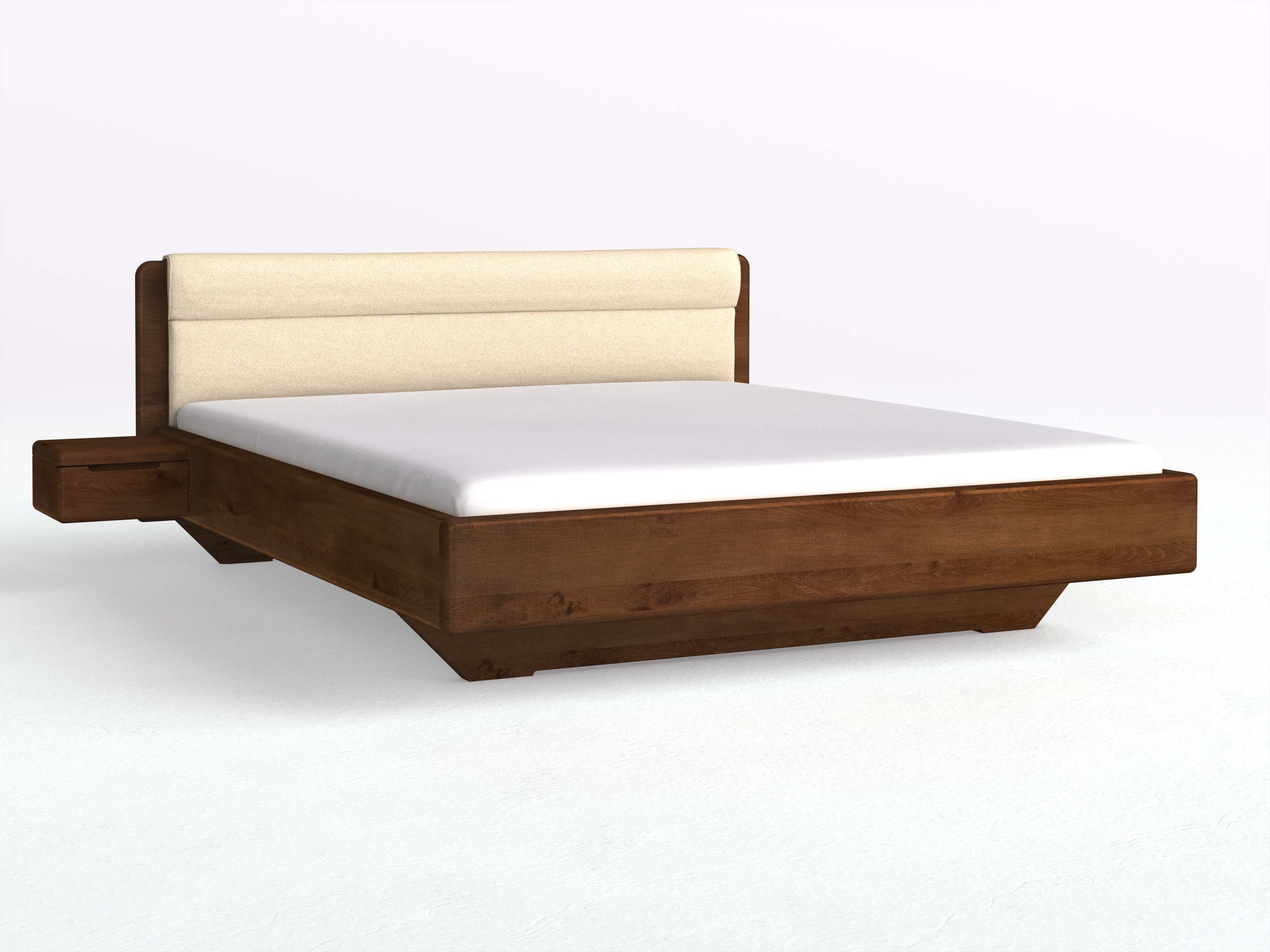 Buchenbett Dunkel „Valentina“ in 180 x 200 cm mit 2 Nachttischen - Griff: Griffleiste B und mit Stoffkopfteil - Stoff: Schafschurwolle „Fischgrät“ in der Farbe Holunderblüte