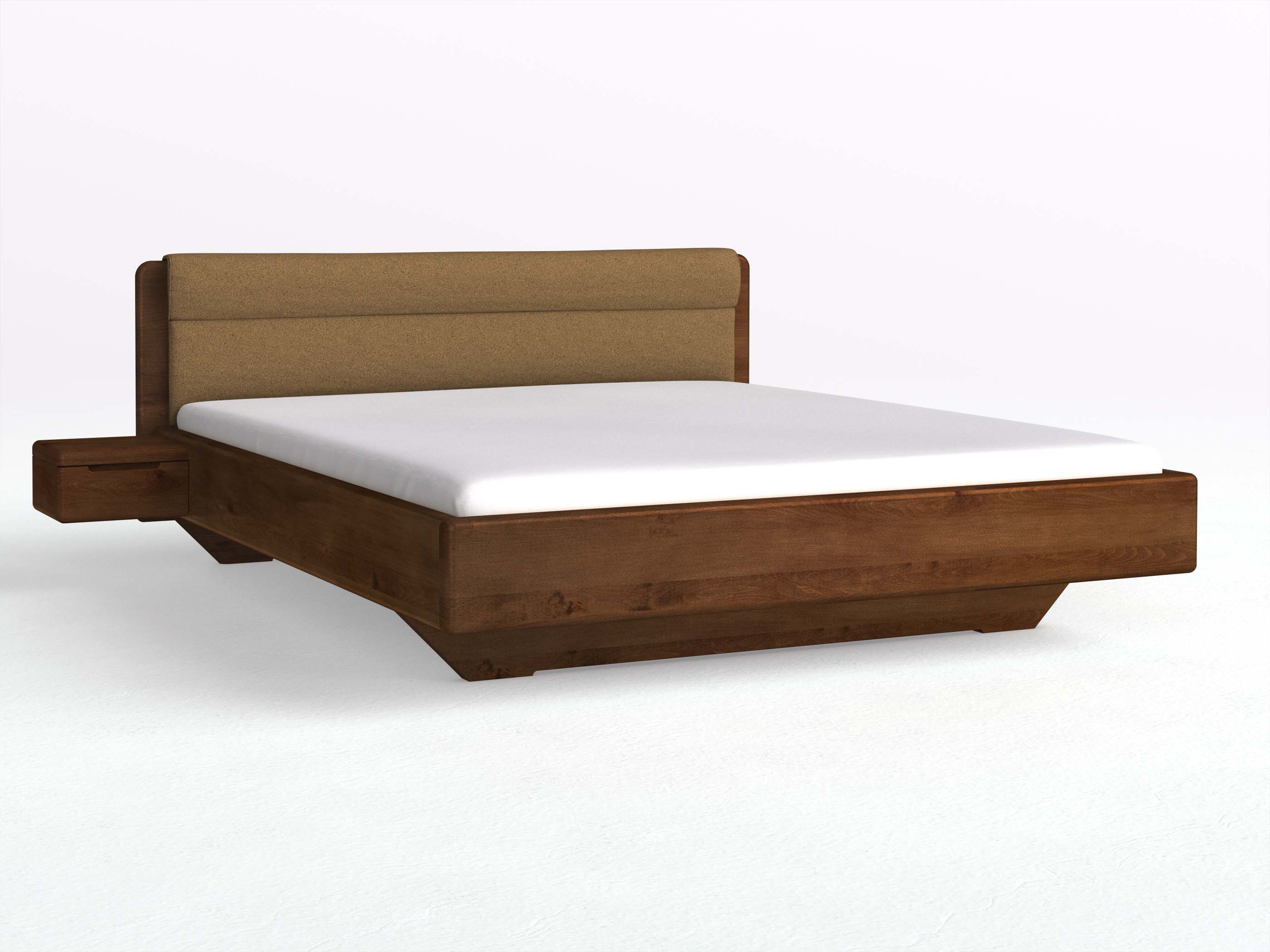 Buchenbett Dunkel „Valentina“ in 180 x 200 cm mit 2 Nachttischen - Griff: Griffleiste B und mit Stoffkopfteil - Stoff: Schafschurwolle „Loden“ in der Farbe Zimtrinde