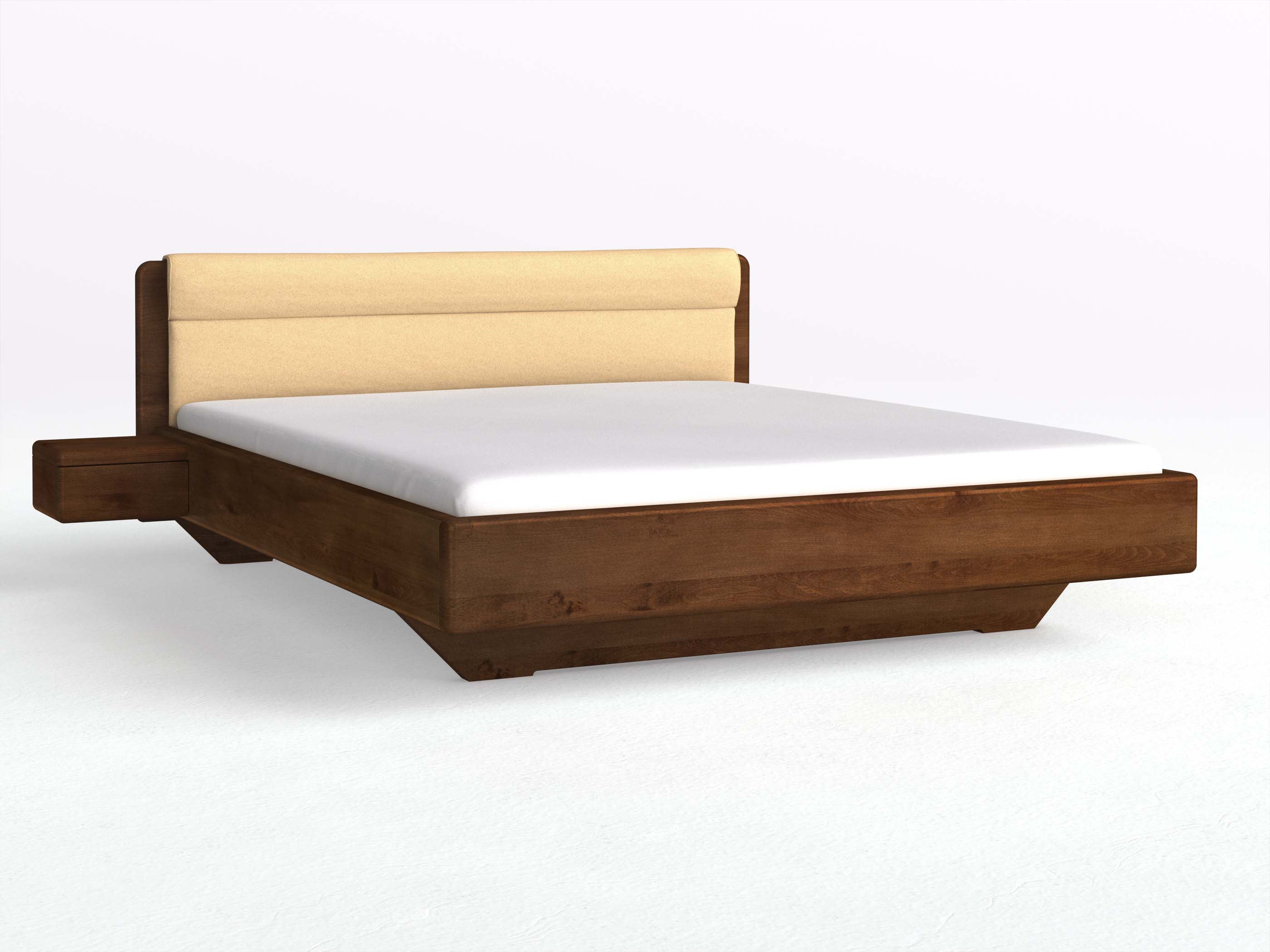 Buchenbett Dunkel „Valentina“ in 180 x 200 cm mit 2 Nachttischen - Griff: Grifflos und mit Stoffkopfteil - Stoff: Schafschurwolle „Fischgrät“ in der Farbe Goldhirse