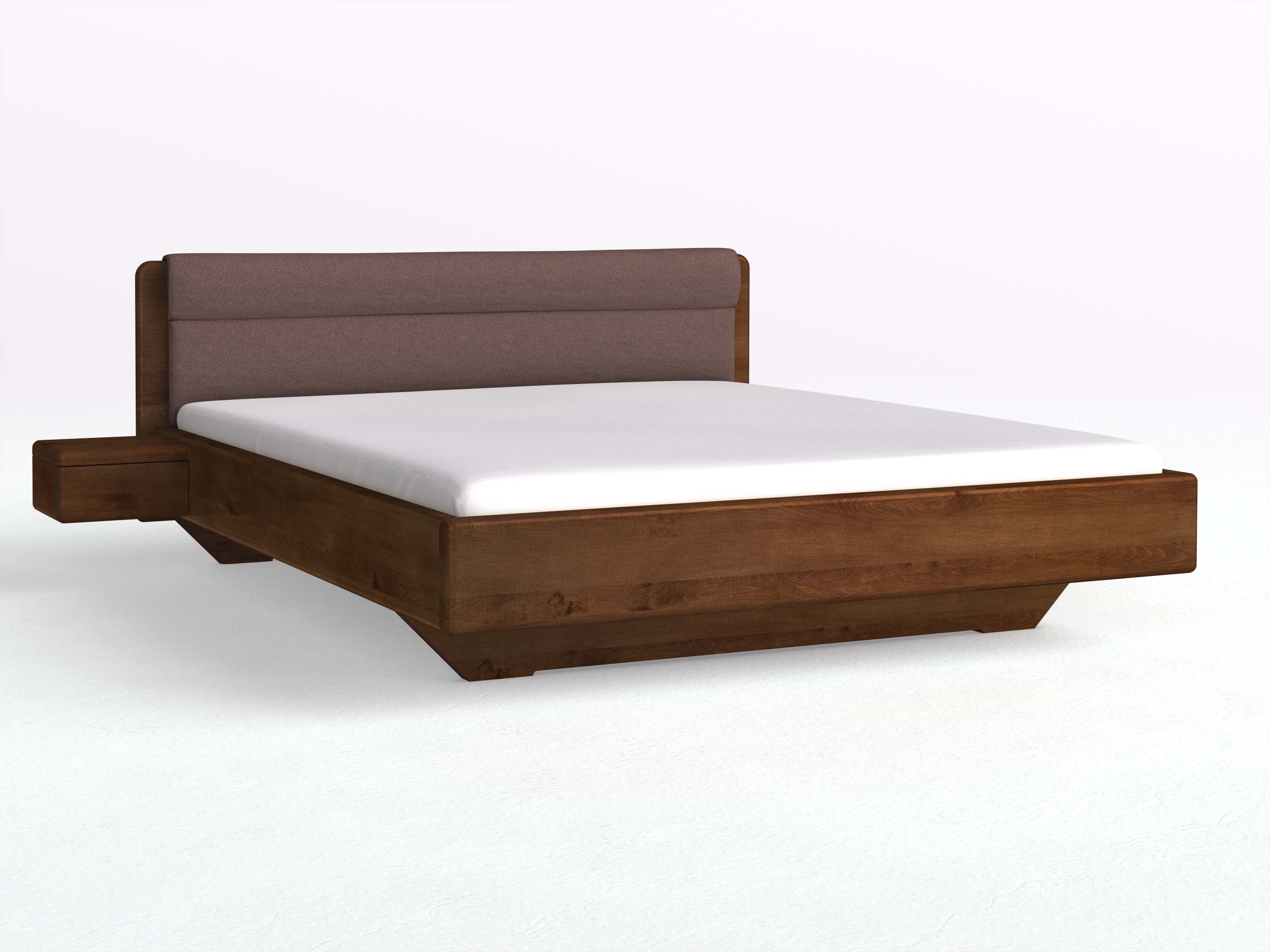 Buchenbett Dunkel „Valentina“ in 180 x 200 cm mit 2 Nachttischen - Griff: Grifflos und mit Stoffkopfteil - Stoff: Schafschurwolle „Loden“ in der Farbe Abenddämmerung