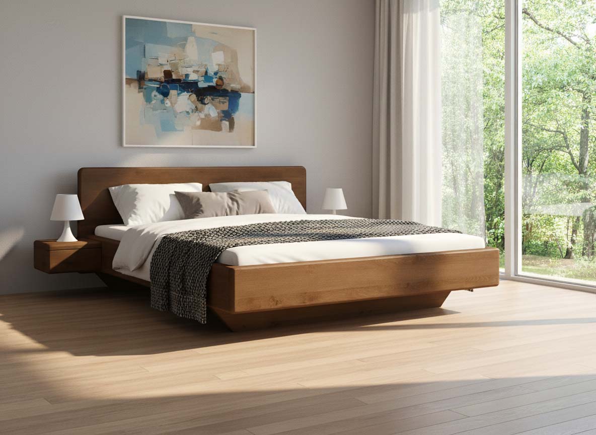 Buchenbett Dunkel „Valentina“ in 180 x 200 cm mit 2 Nachttischen - Griff: Grifflos