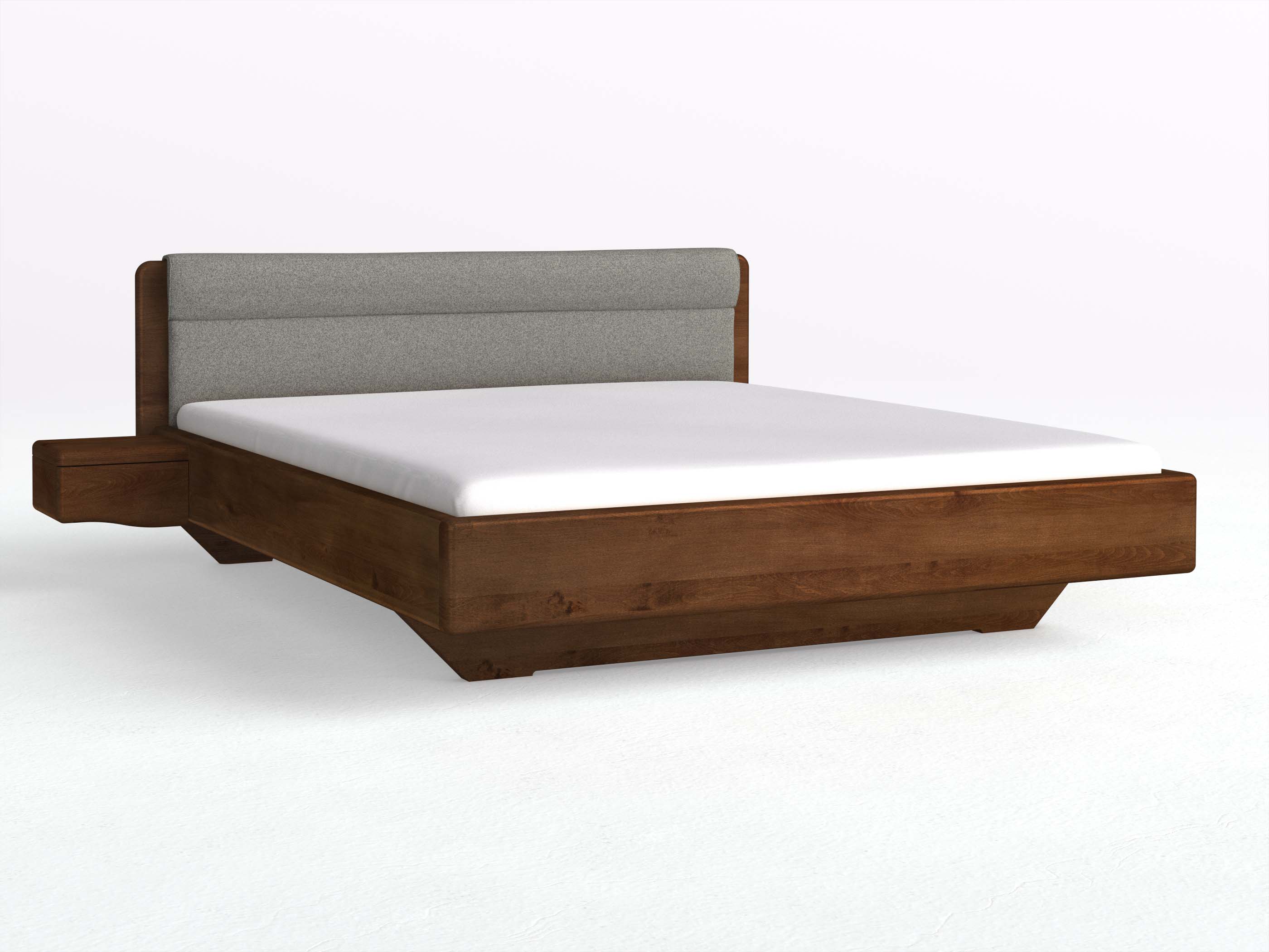 Buchenbett Dunkel „Valentina“ in 180 x 200 cm mit 2 Nachttischen - Griff: Welle und mit Stoffkopfteil - Stoff: Schafschurwolle „Fischgrät“ in der Farbe Grauer Mohn