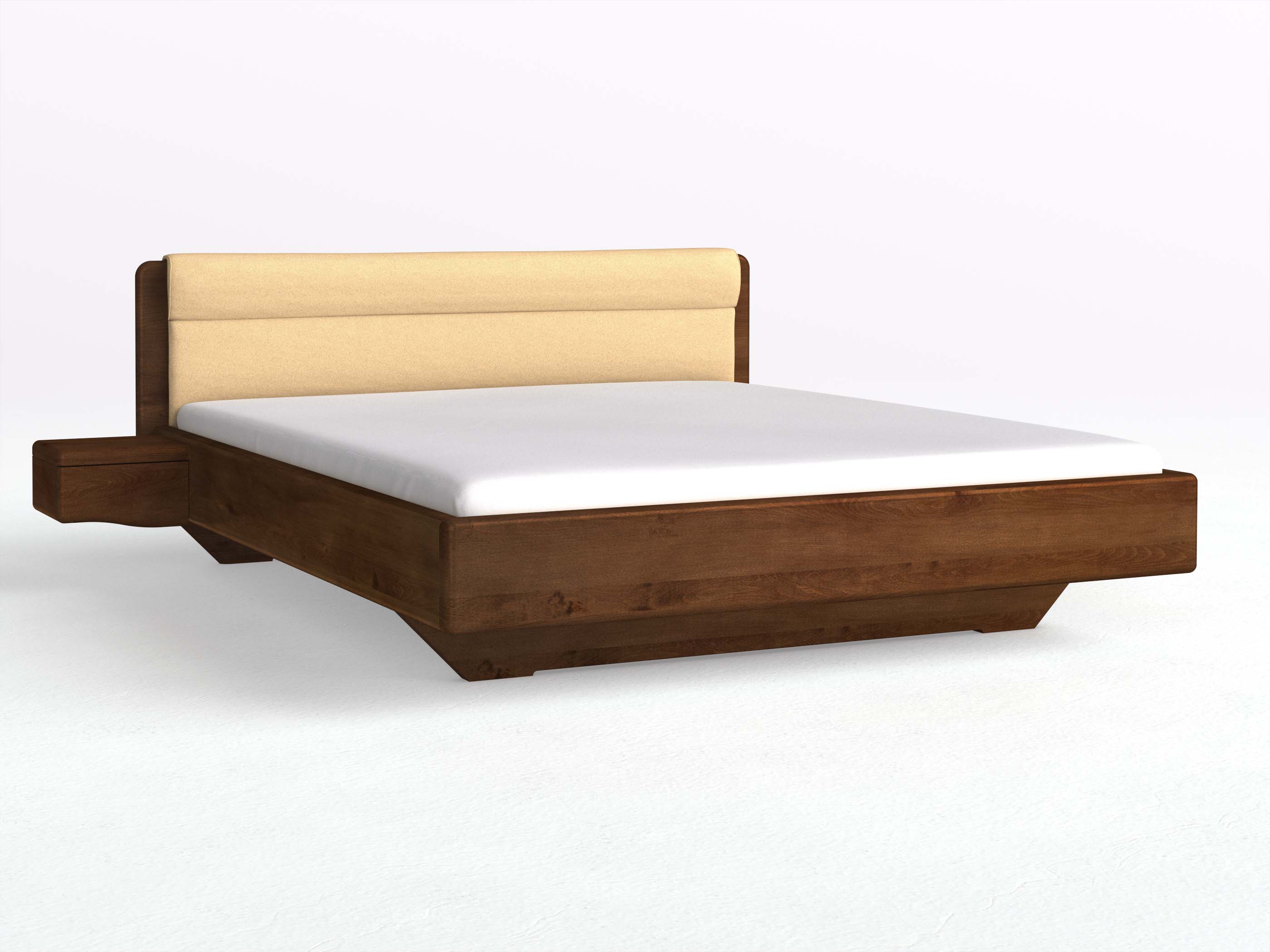 Buchenbett Dunkel „Valentina“ in 180 x 200 cm mit 2 Nachttischen - Griff: Welle und mit Stoffkopfteil - Stoff: Schafschurwolle „Fischgrät“ in der Farbe Goldhirse