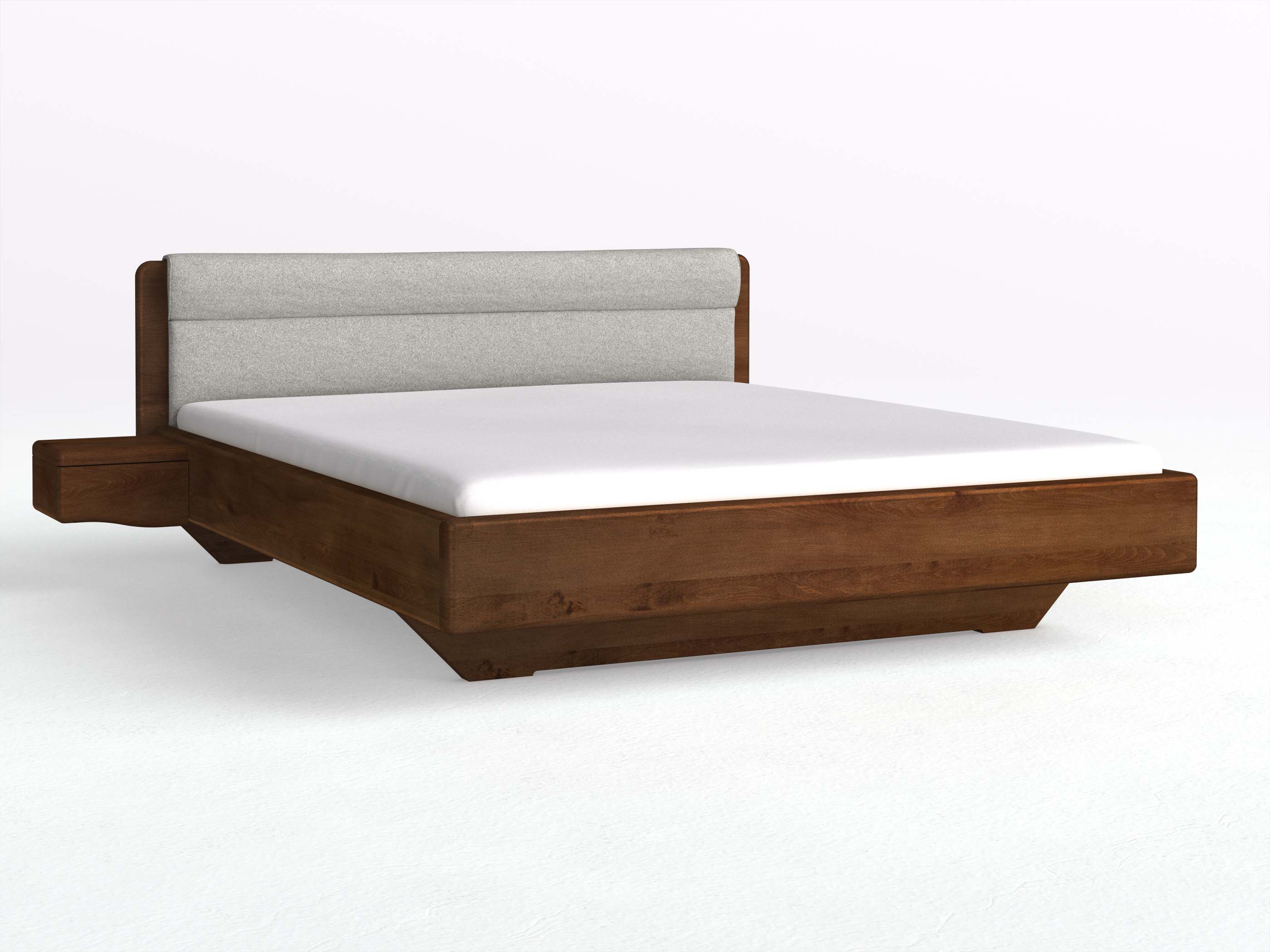 Buchenbett Dunkel „Valentina“ in 180 x 200 cm mit 2 Nachttischen - Griff: Welle und mit Stoffkopfteil - Stoff: Schafschurwolle „Loden“ in der Farbe Nebelgrau