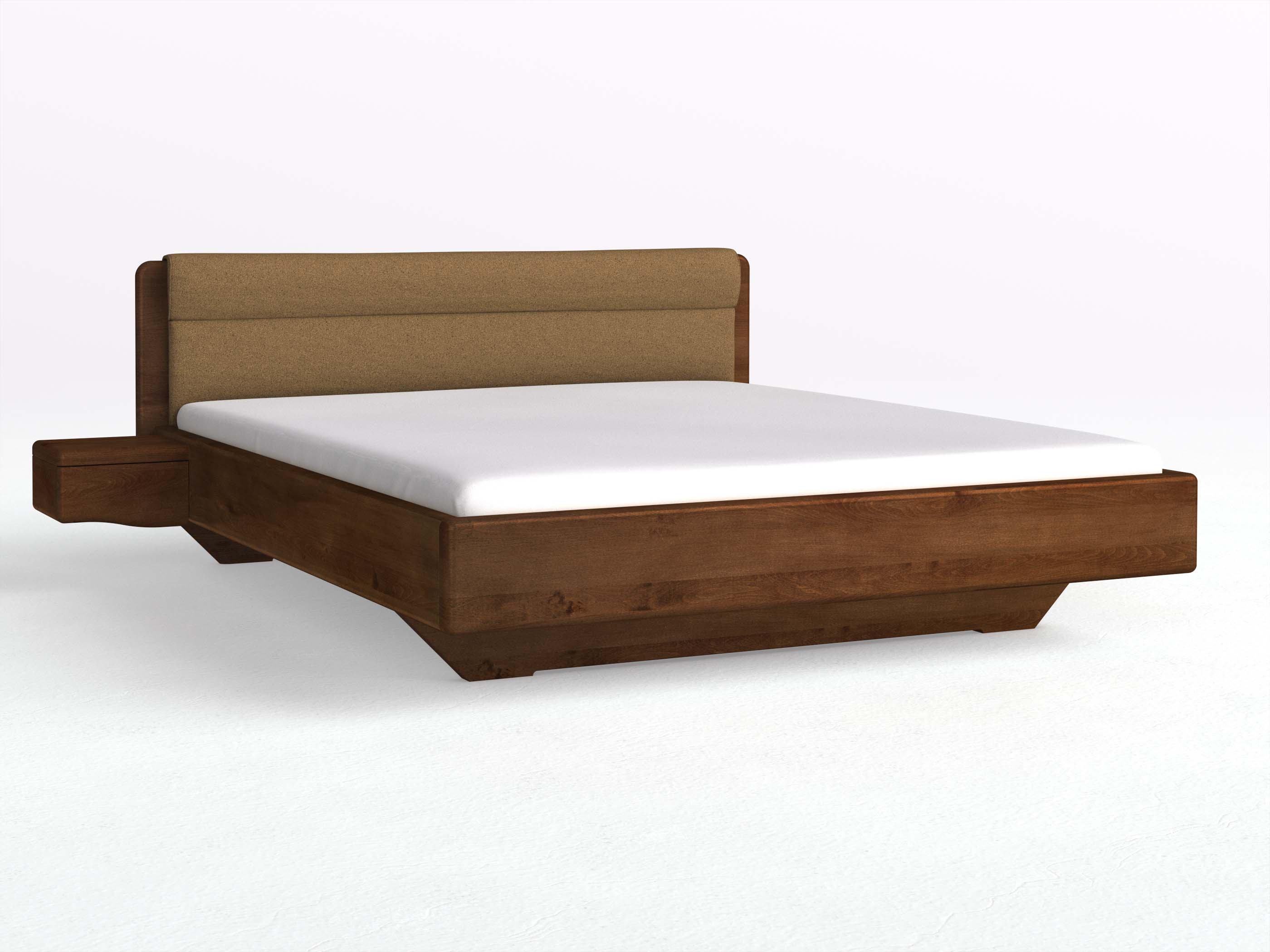 Buchenbett Dunkel „Valentina“ in 180 x 200 cm mit 2 Nachttischen - Griff: Welle und mit Stoffkopfteil - Stoff: Schafschurwolle „Loden“ in der Farbe Zimtrinde