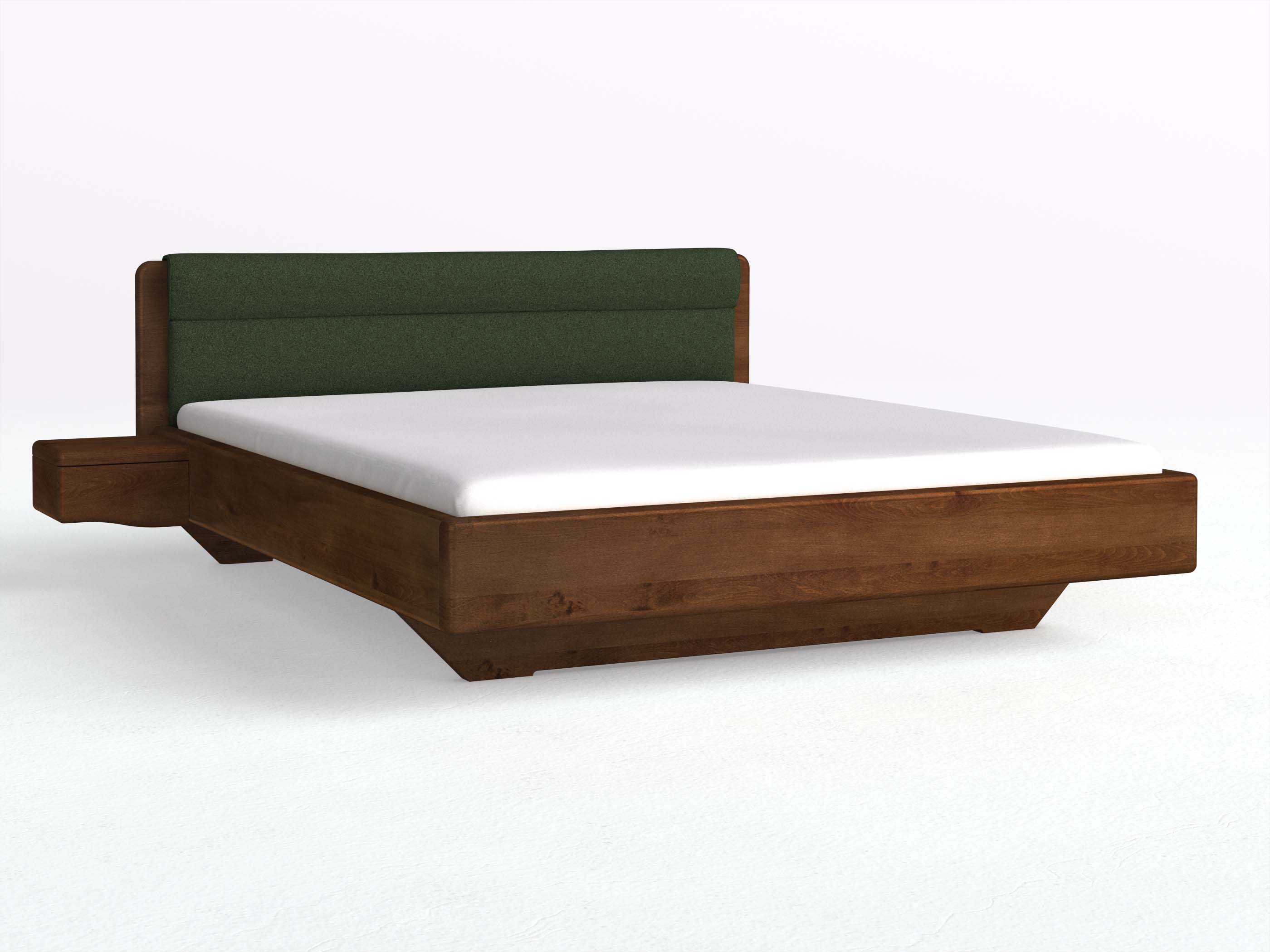 Buchenbett Dunkel „Valentina“ in 180 x 200 cm mit 2 Nachttischen - Griff: Welle und mit Stoffkopfteil - Stoff: Schafschurwolle „Loden“ in der Farbe Tannenwald